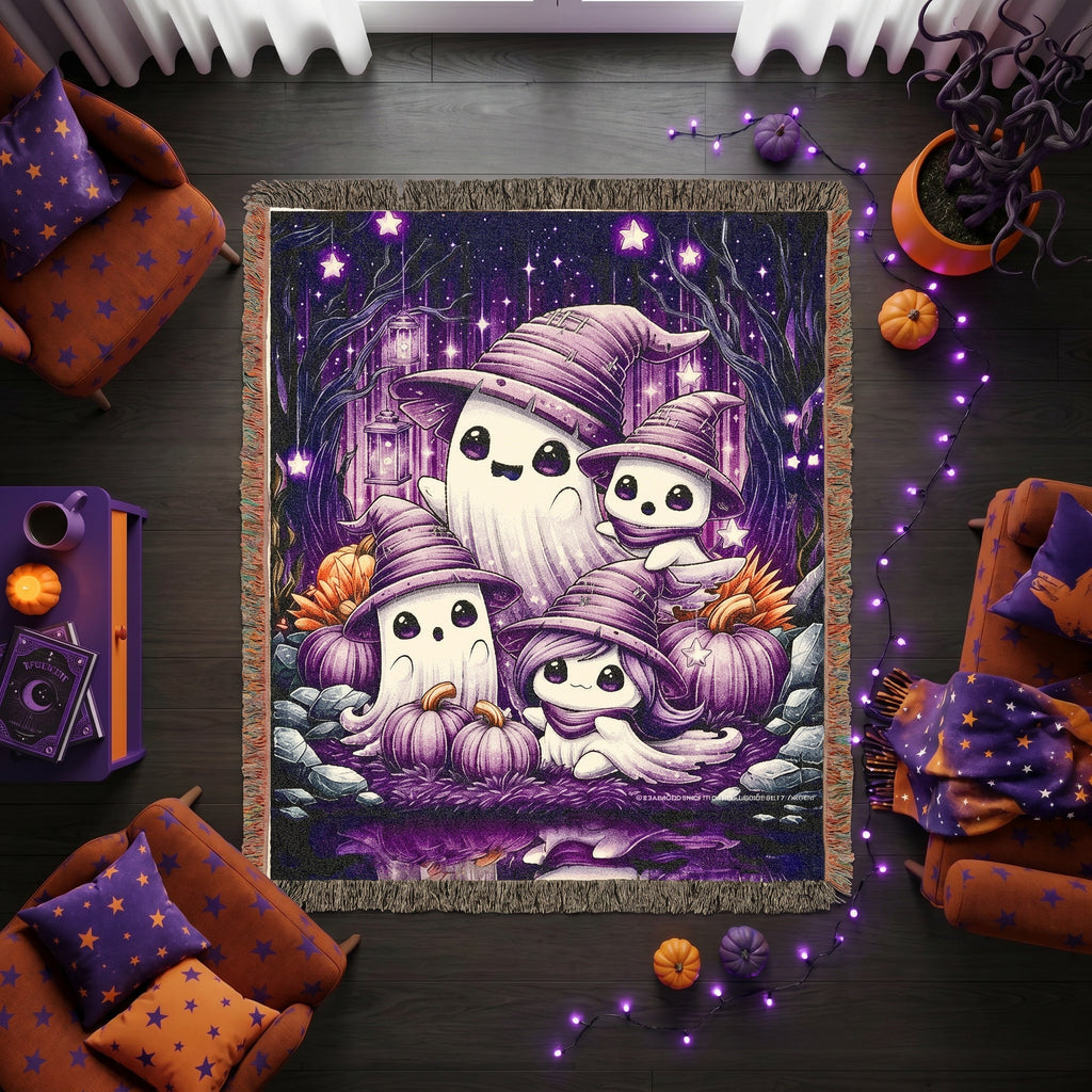Ghost Family Halloween Kids Woven Blanket – Purple Witchy Throw