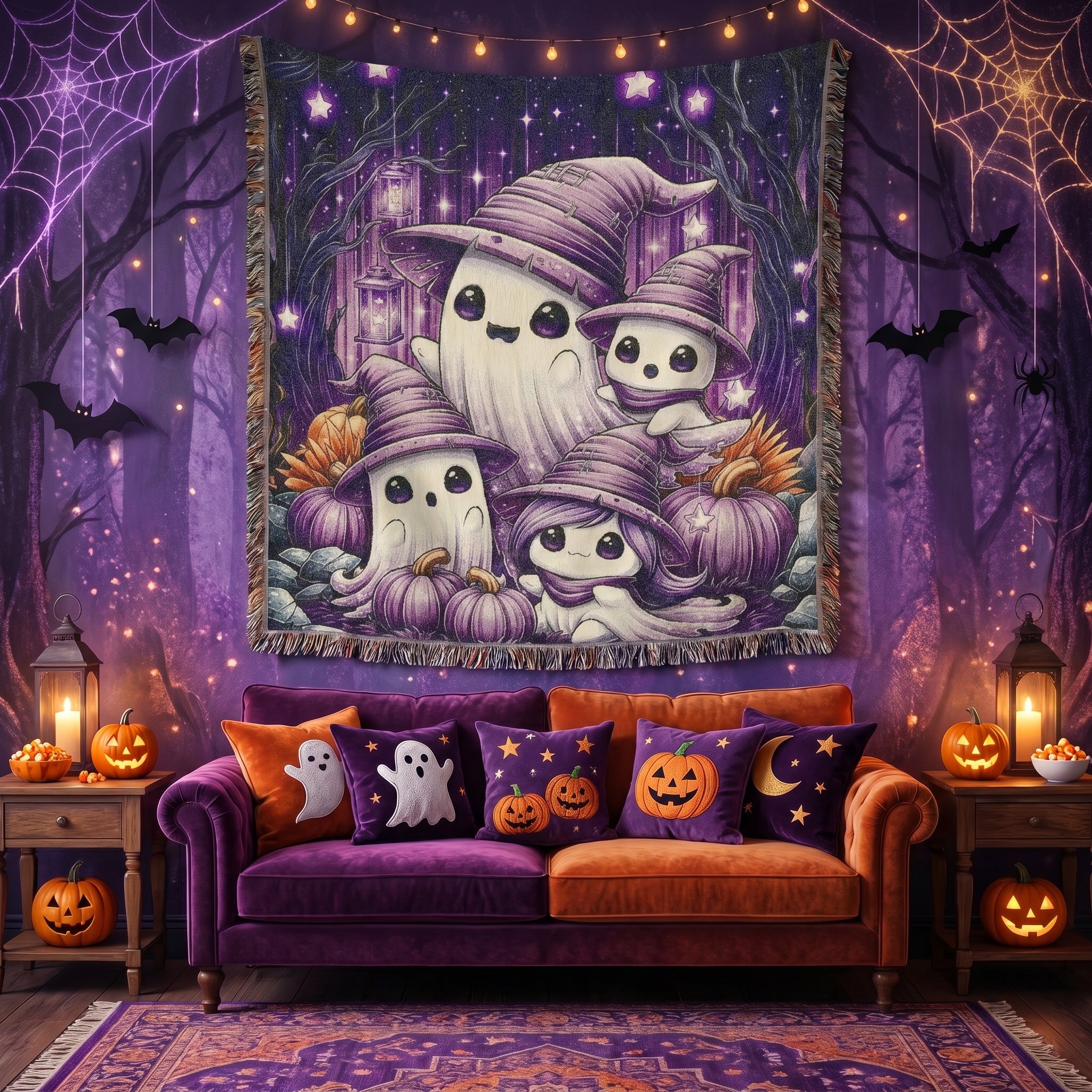 Ghost Family Halloween Kids Woven Blanket – Purple Witchy Throw