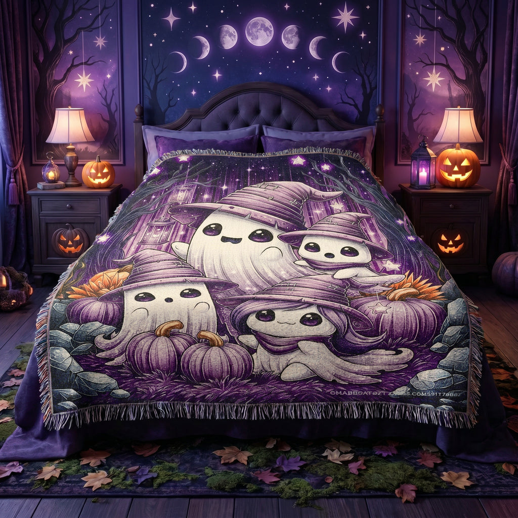 Ghost Family Halloween Kids Woven Blanket – Purple Witchy Throw