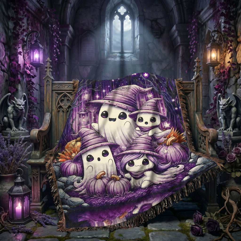 Ghost Family Halloween Kids Woven Blanket – Purple Witchy Throw