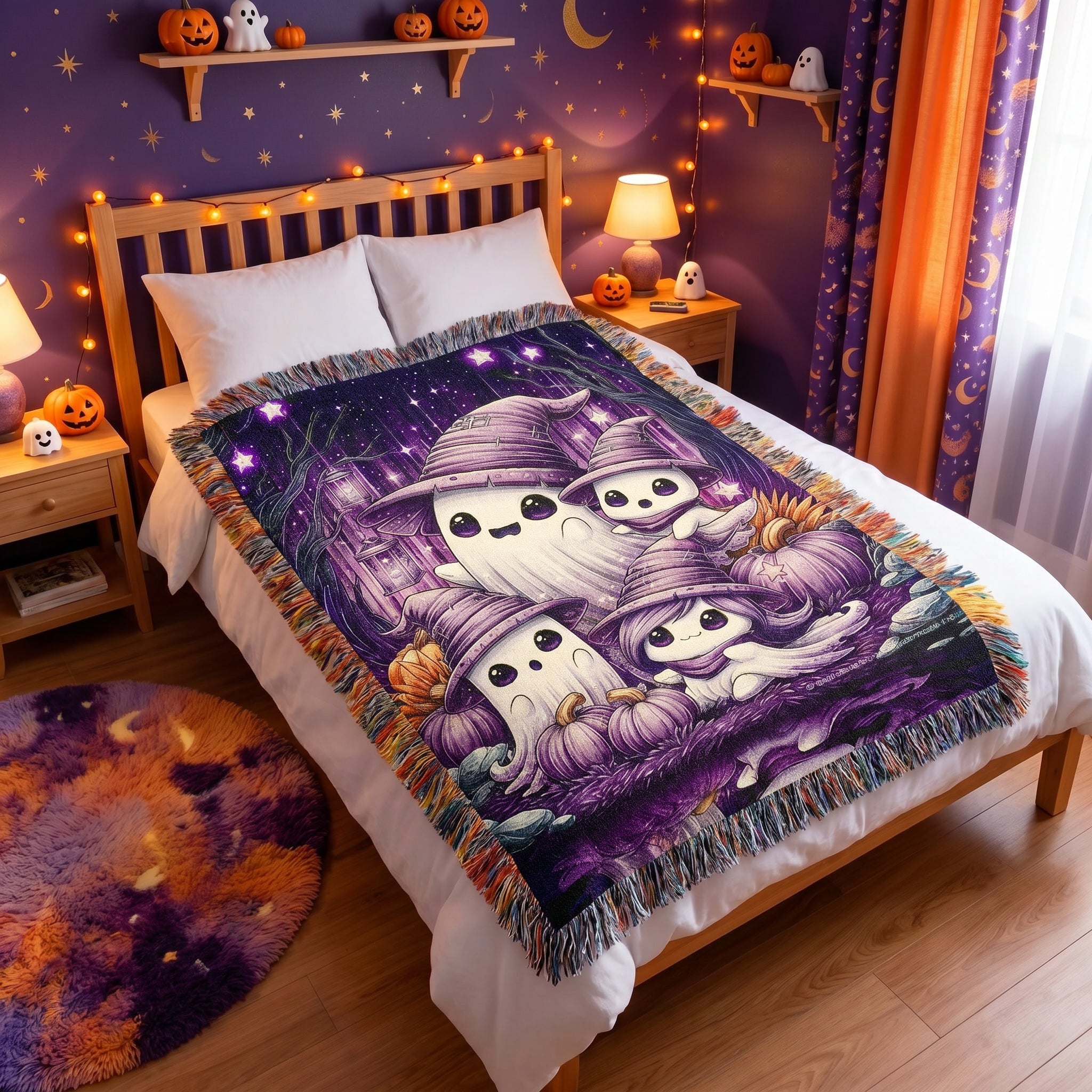 Ghost Family Halloween Kids Woven Blanket – Purple Witchy Throw