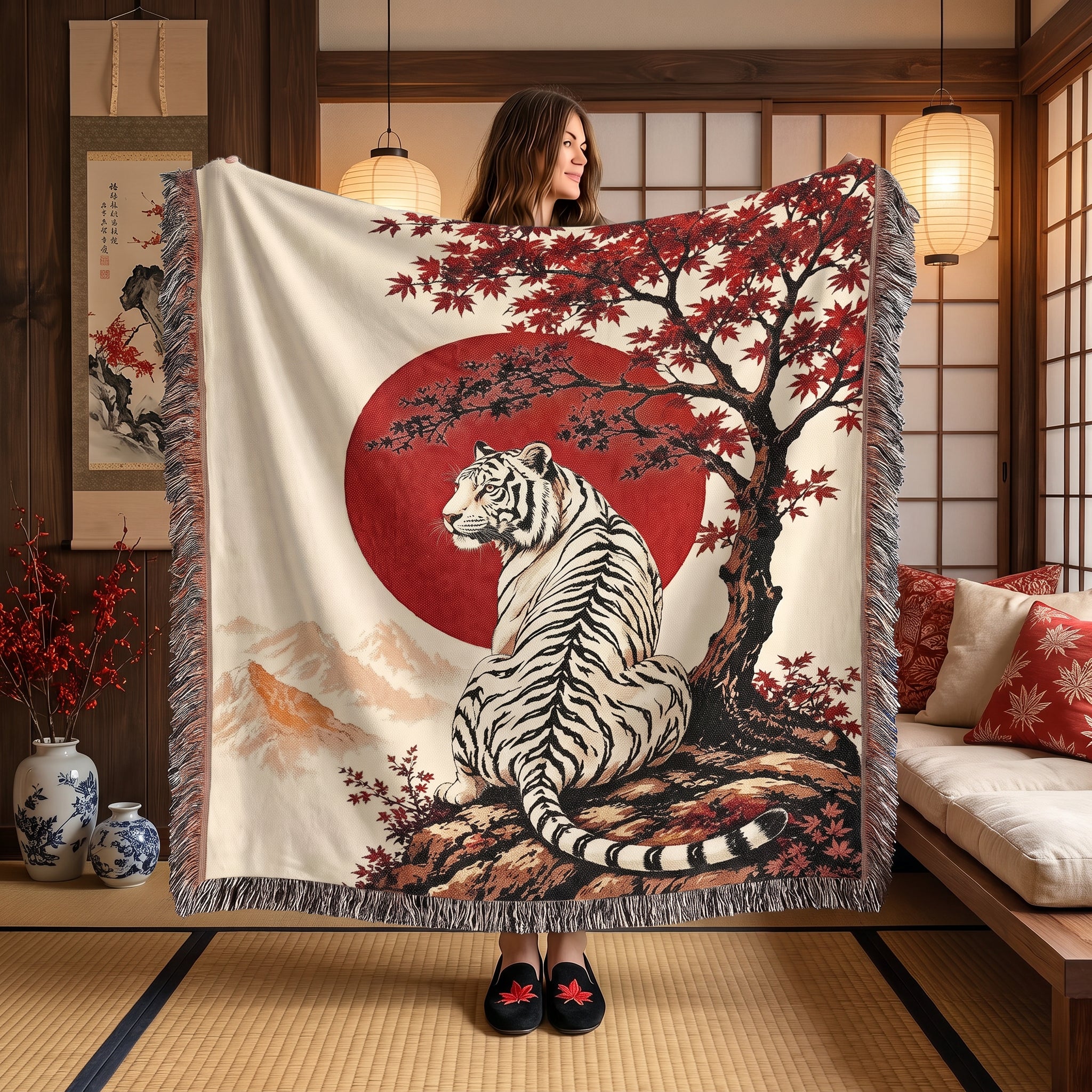 White Tiger Japanese Garden Woven Blanket – Red Sun Throw