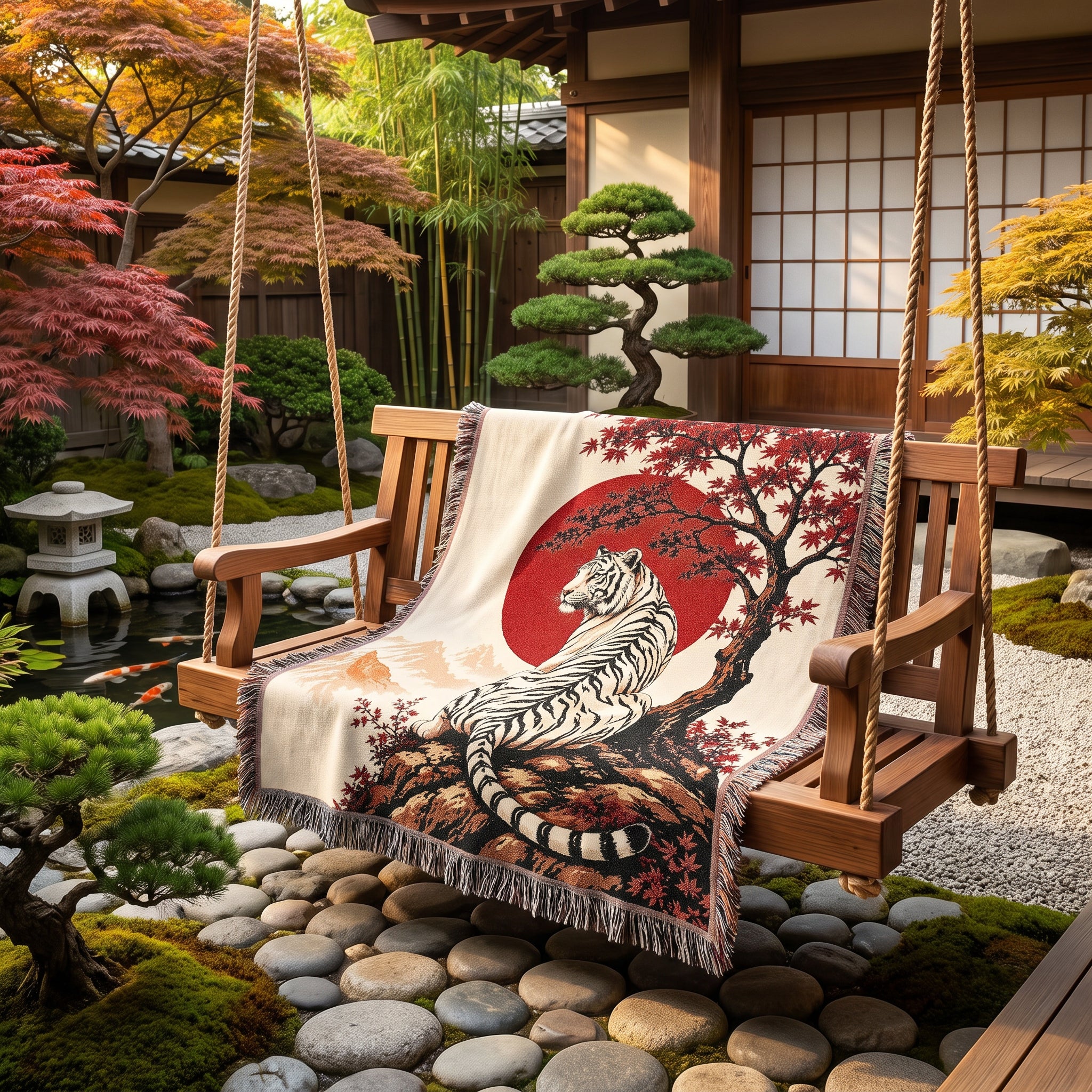 White Tiger Japanese Garden Woven Blanket – Red Sun Throw