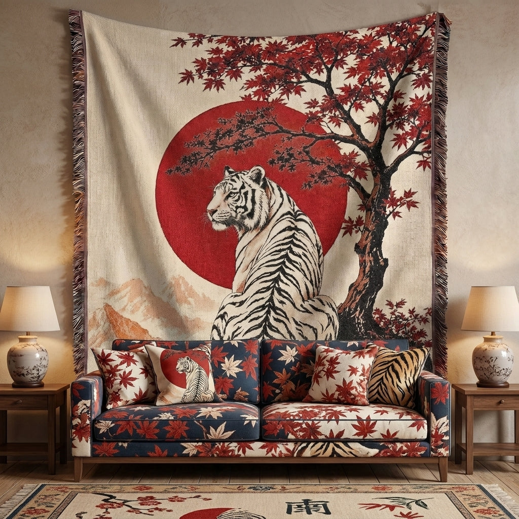 White Tiger Japanese Garden Woven Blanket – Red Sun Throw