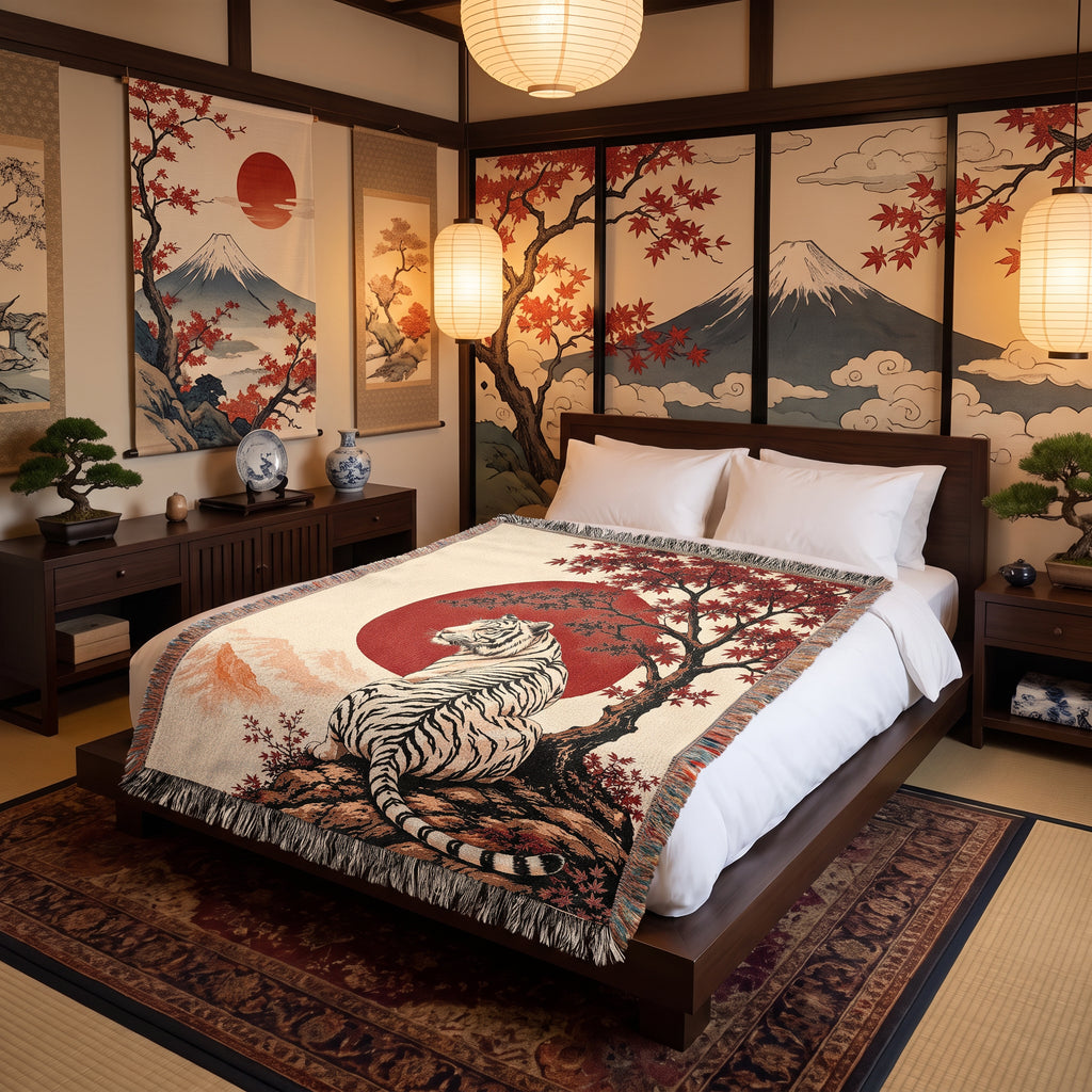 White Tiger Japanese Garden Woven Blanket – Red Sun Throw