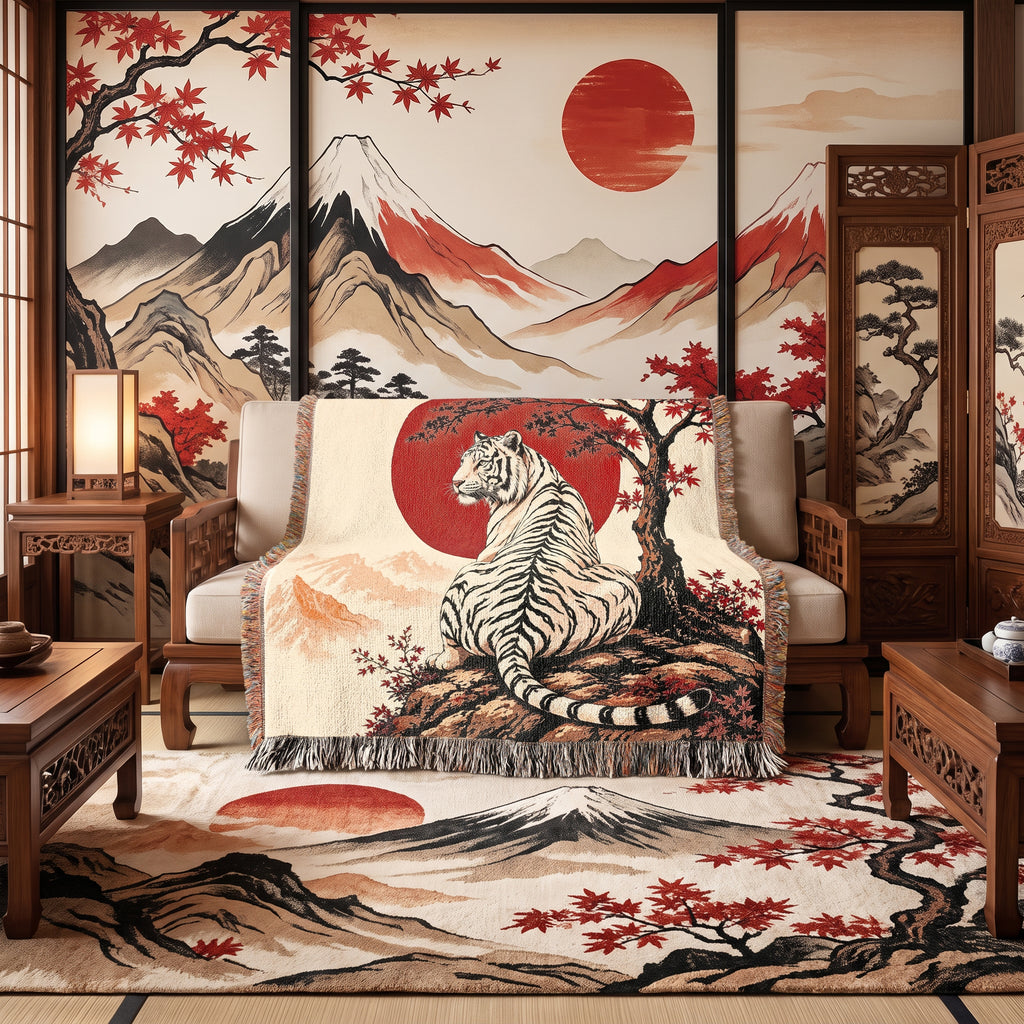 White Tiger Japanese Garden Woven Blanket – Red Sun Throw