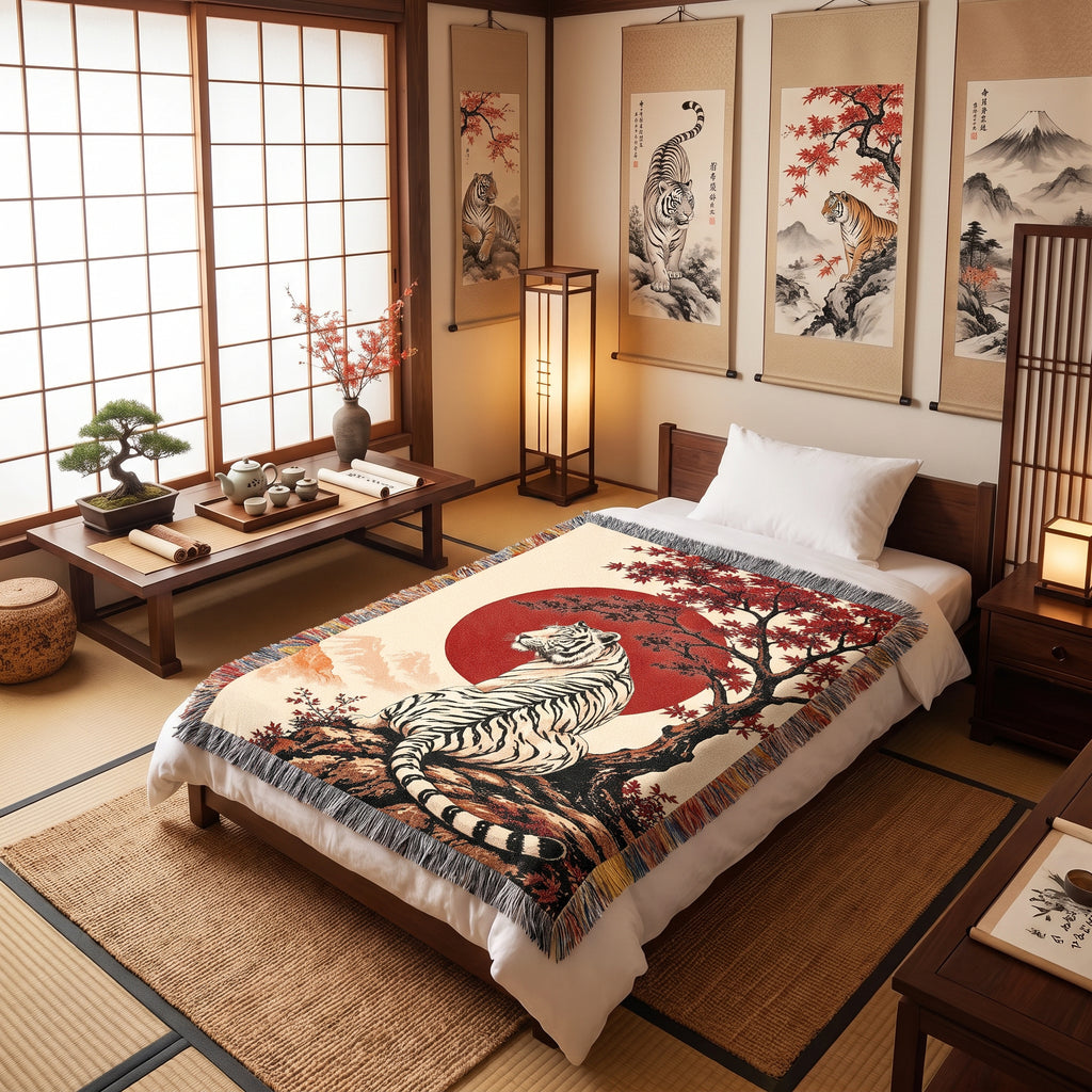 White Tiger Japanese Garden Woven Blanket – Red Sun Throw