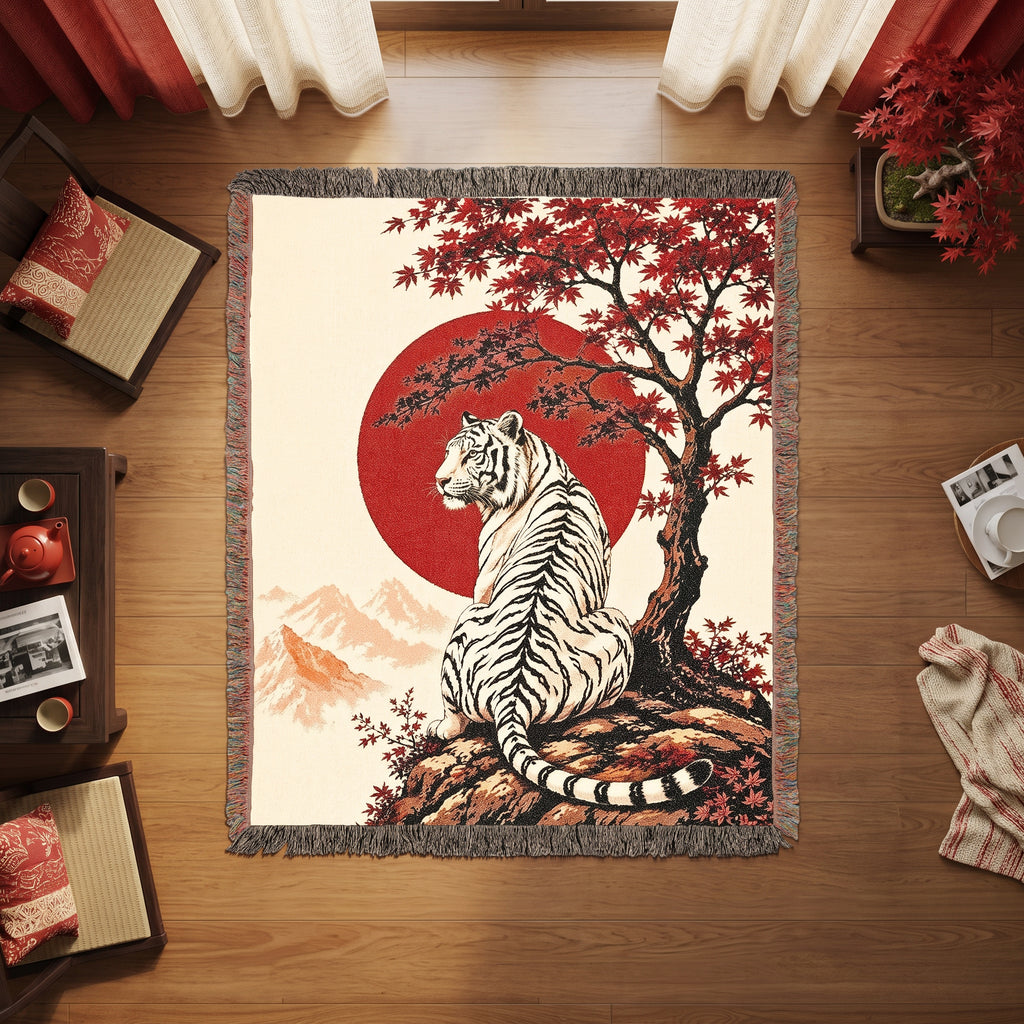 White Tiger Japanese Garden Woven Blanket – Red Sun Throw