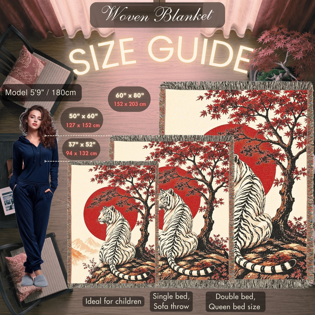 White Tiger Japanese Garden Woven Blanket – Red Sun Throw