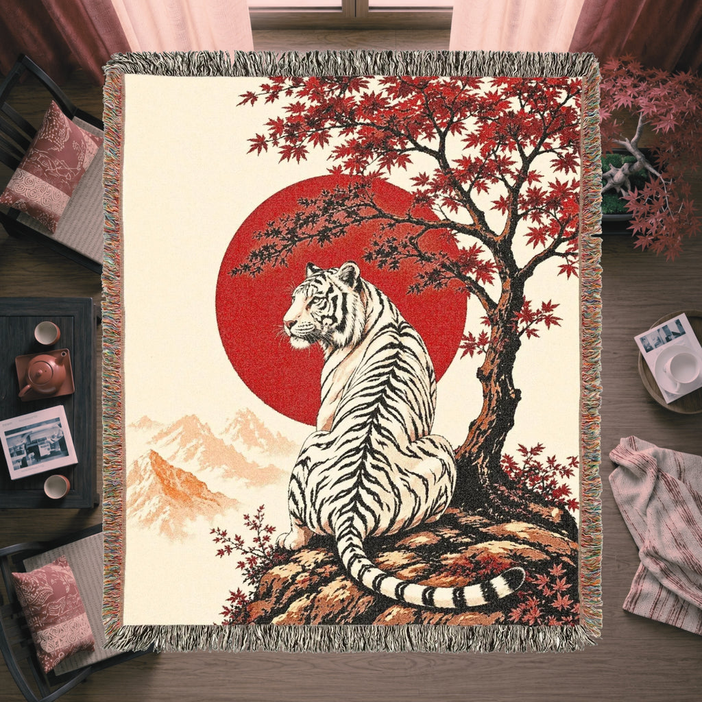 White Tiger Japanese Garden Woven Blanket – Red Sun Throw