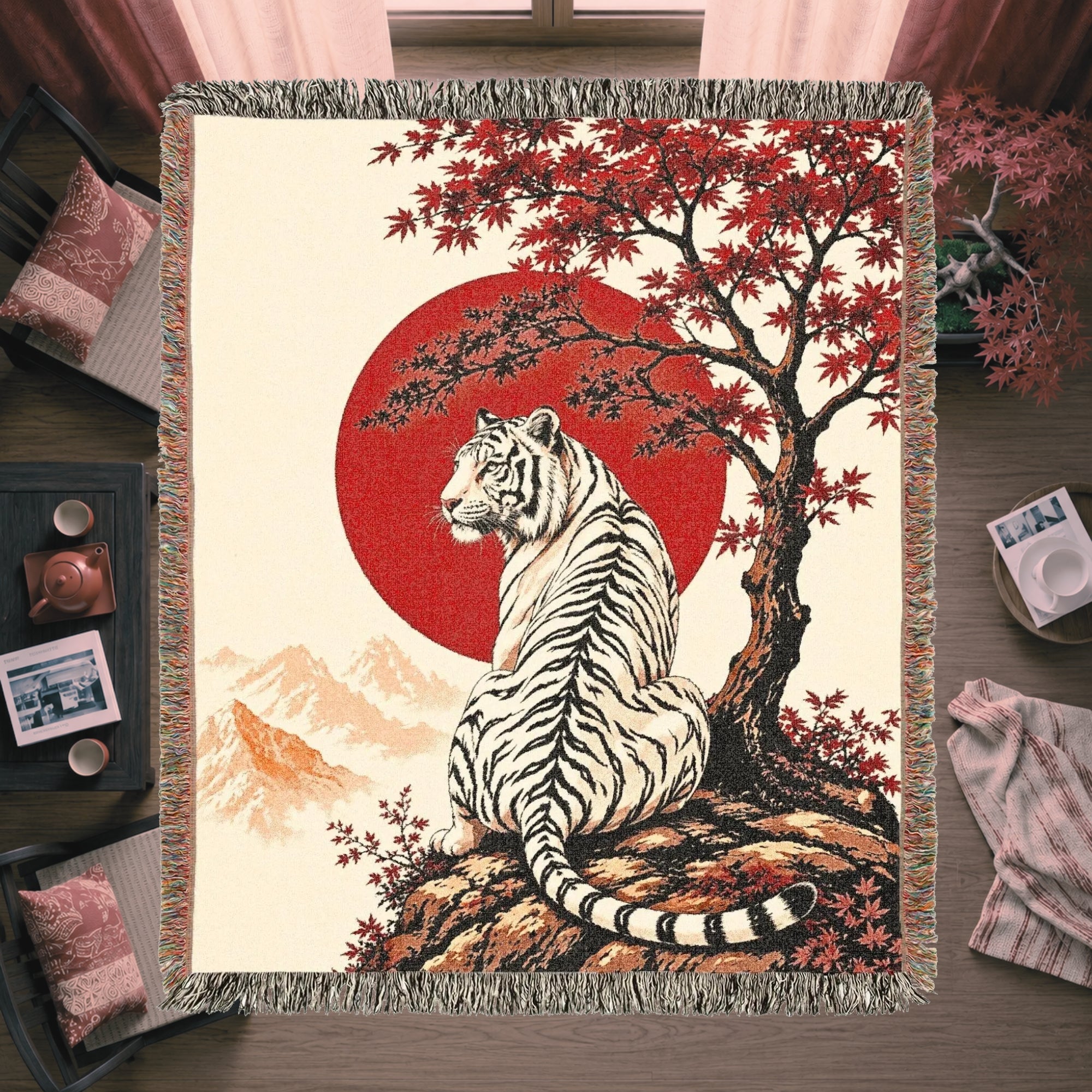 White Tiger Japanese Garden Woven Blanket – Red Sun Throw