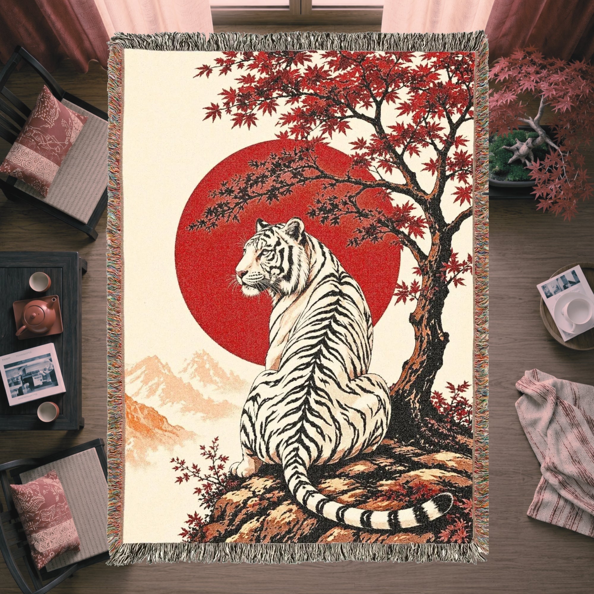 White Tiger Japanese Garden Woven Blanket – Red Sun Throw