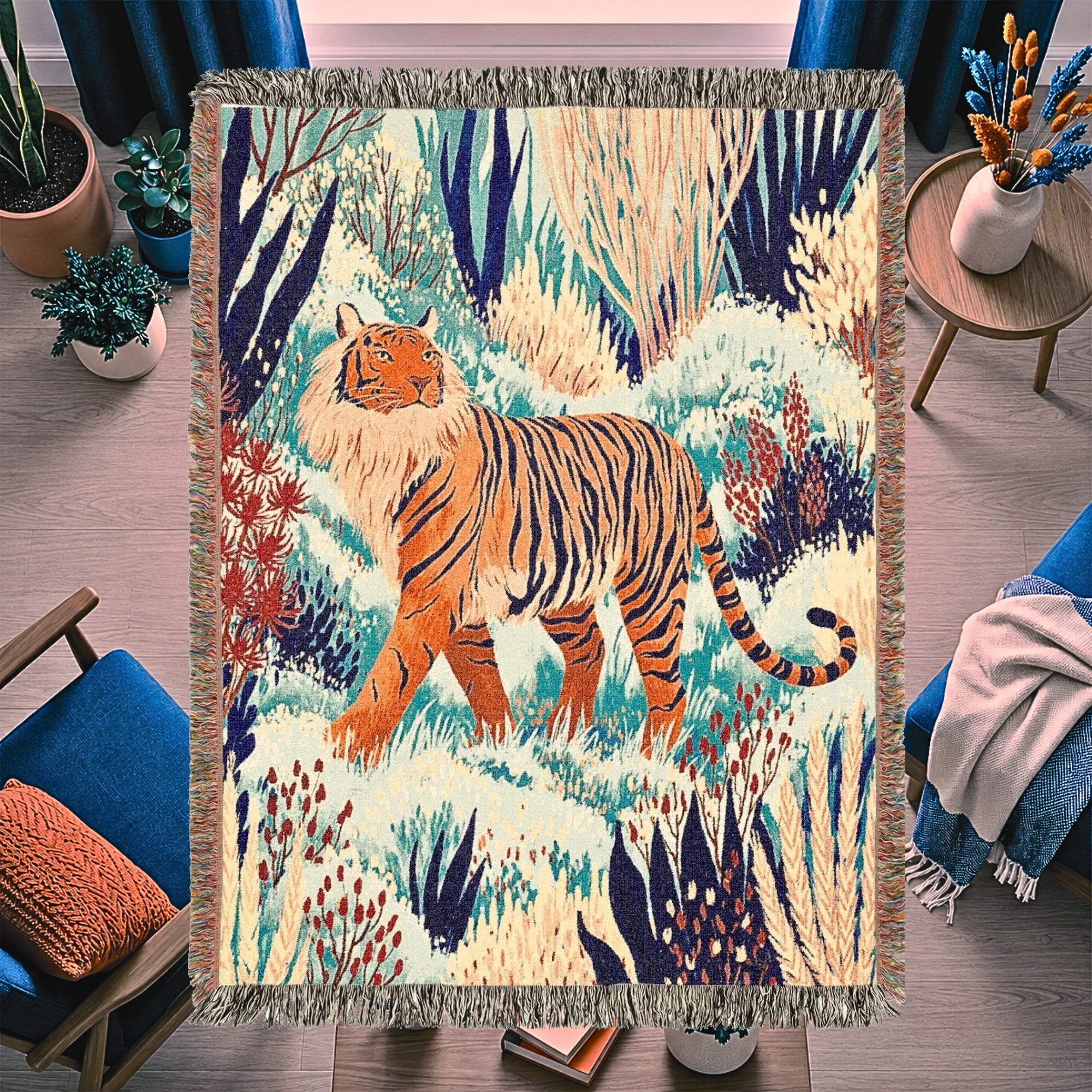 Tiger Jungle Woven Blanket – Colorful Boho Animal Art Throw