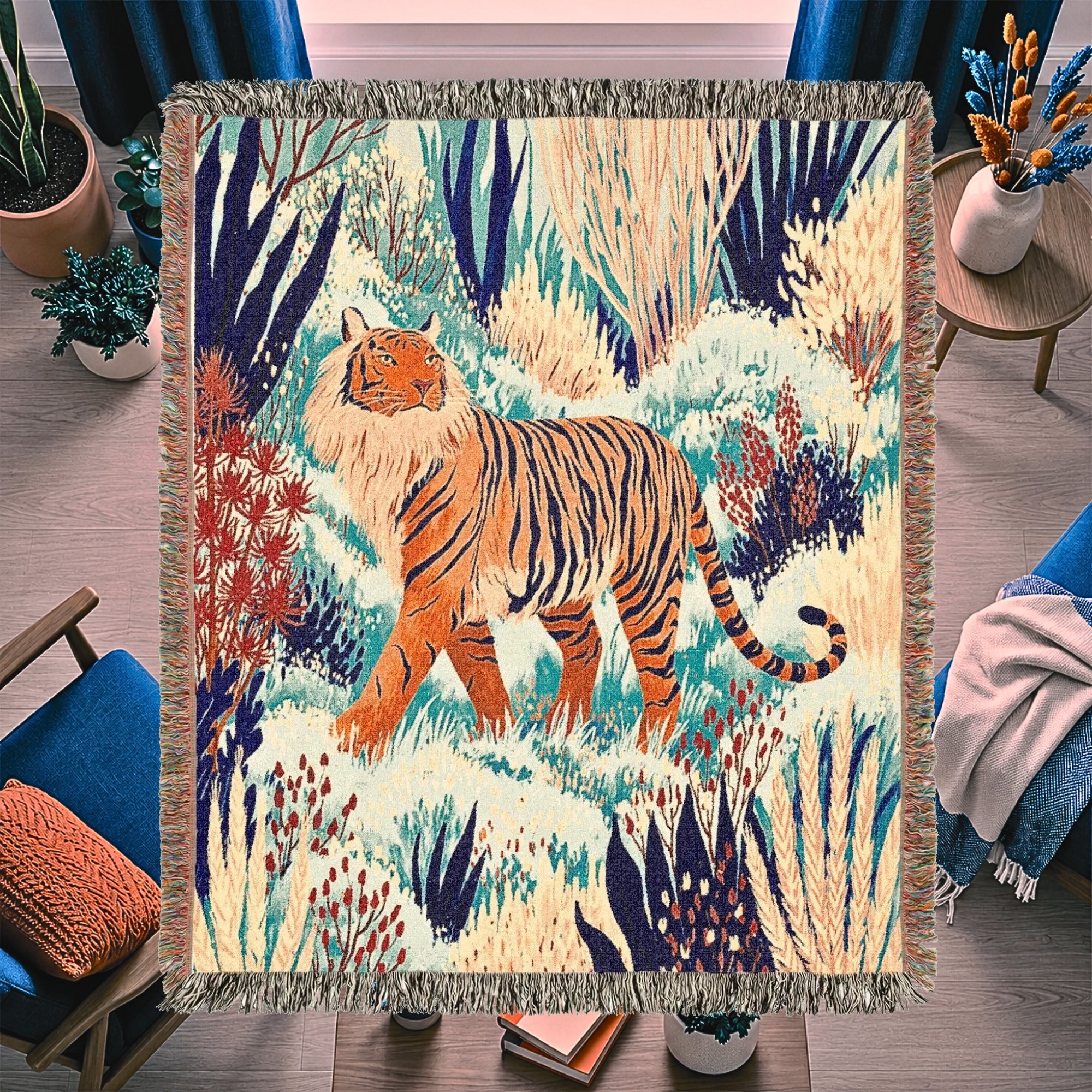 Tiger Jungle Woven Blanket – Colorful Boho Animal Art Throw