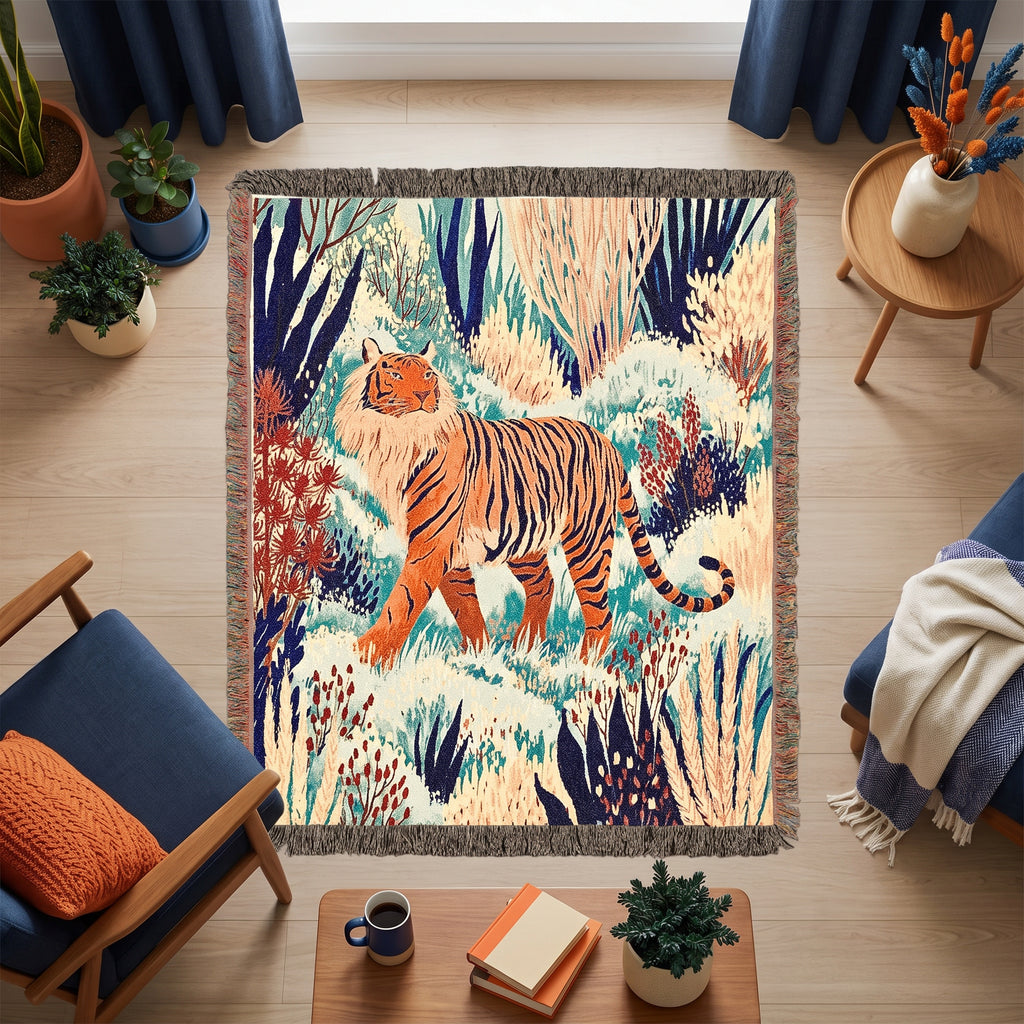 Tiger Jungle Woven Blanket – Colorful Boho Animal Art Throw