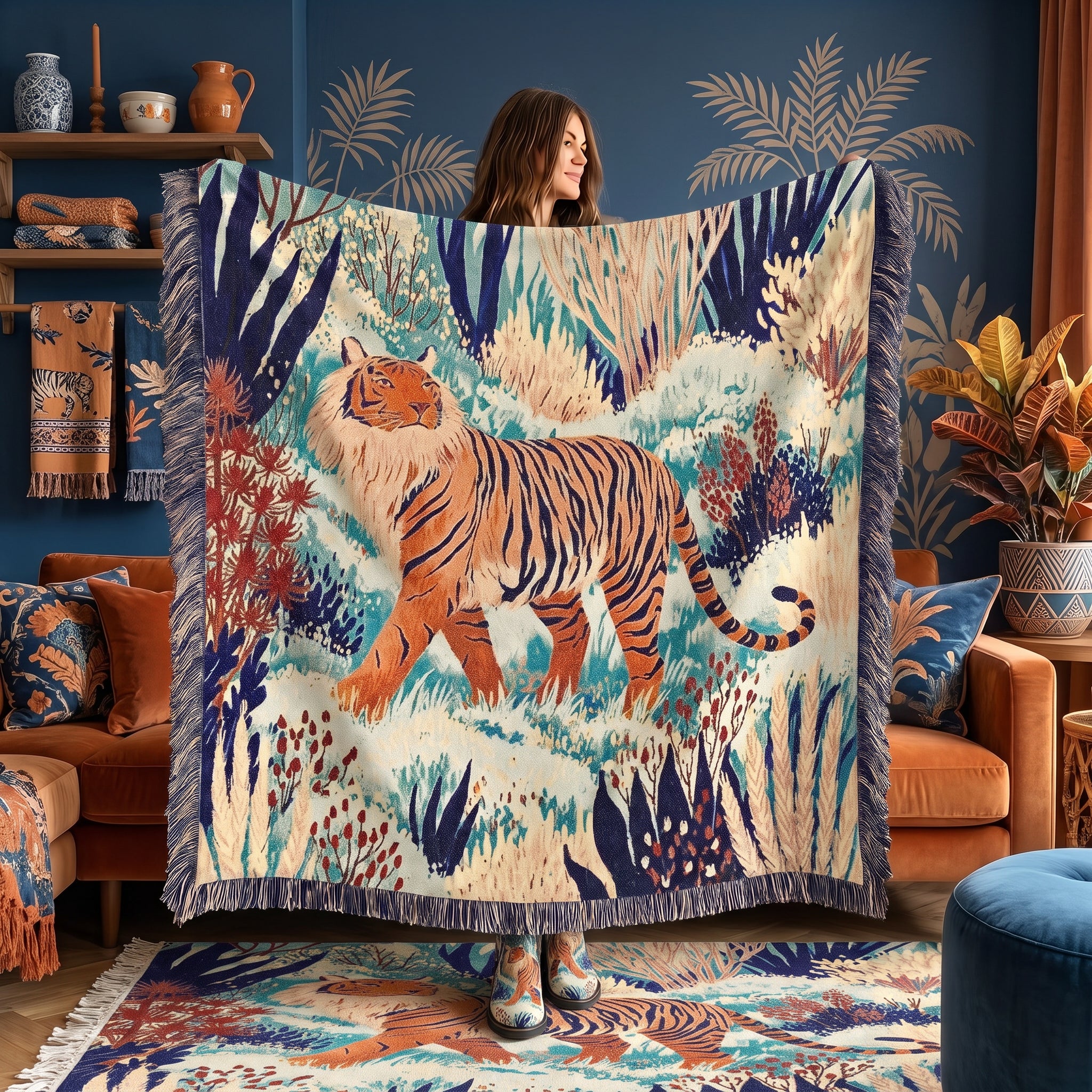 Tiger Jungle Woven Blanket – Colorful Boho Animal Art Throw