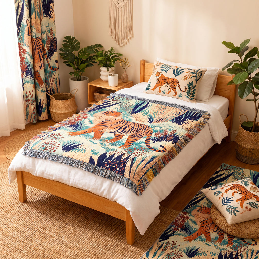Tiger Jungle Woven Blanket – Colorful Boho Animal Art Throw
