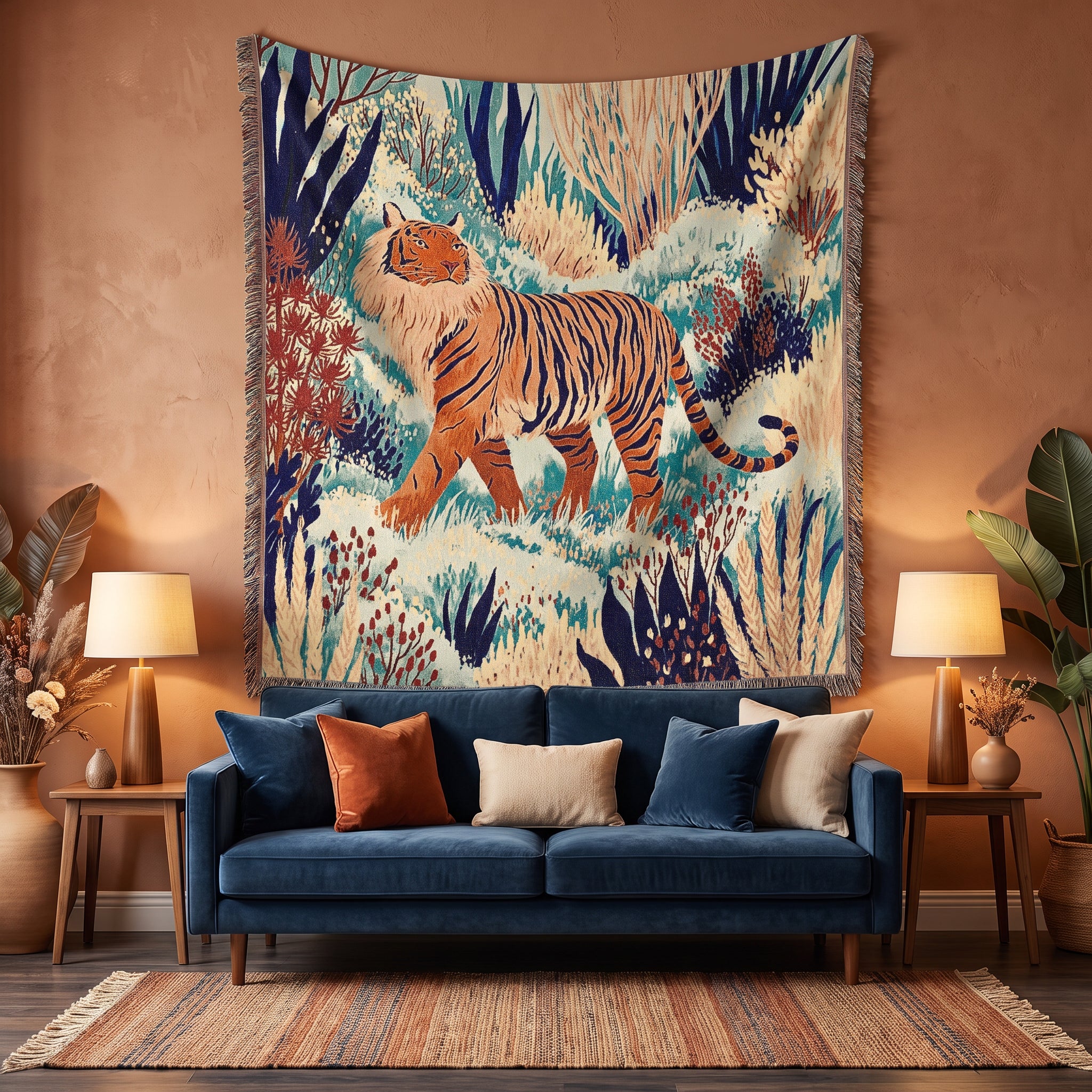 Tiger Jungle Woven Blanket – Colorful Boho Animal Art Throw