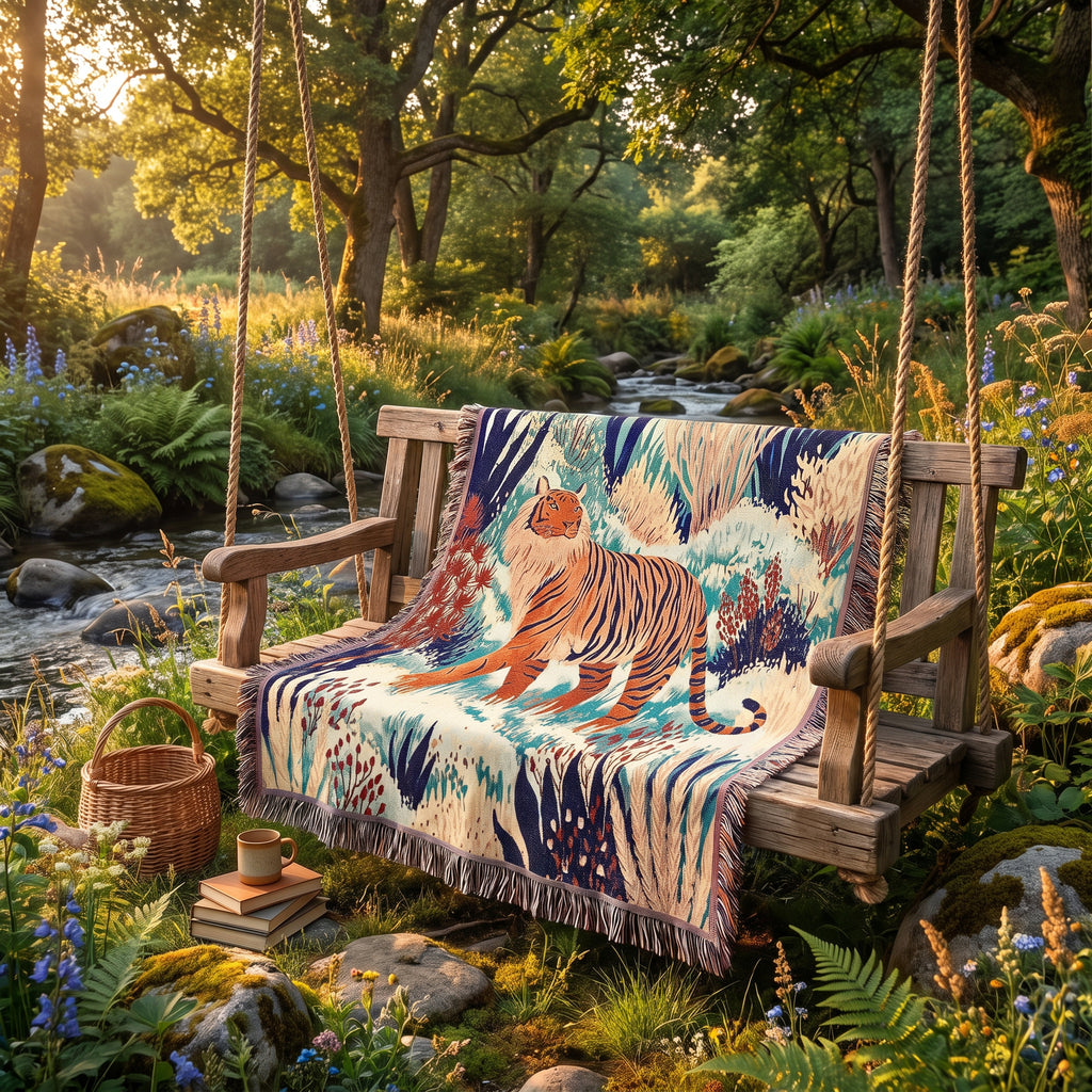 Tiger Jungle Woven Blanket – Colorful Boho Animal Art Throw