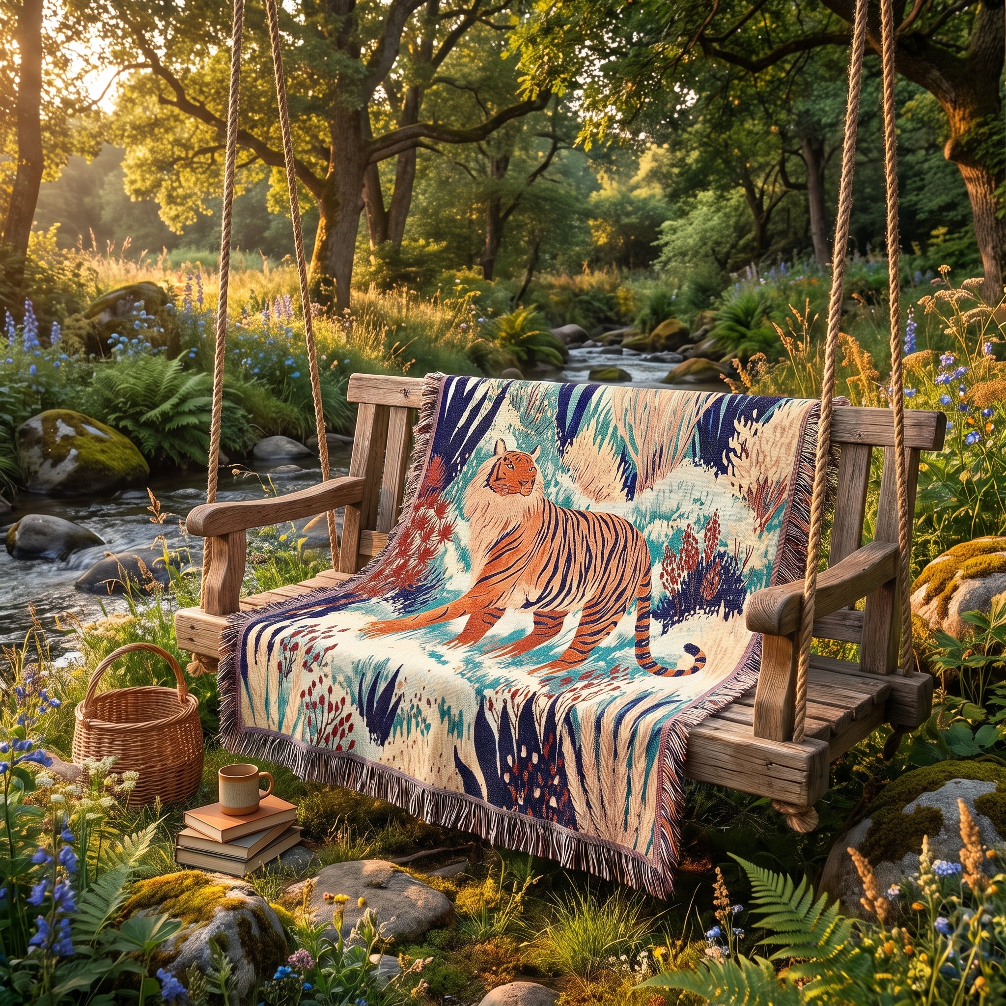 Tiger Jungle Woven Blanket – Colorful Boho Animal Art Throw