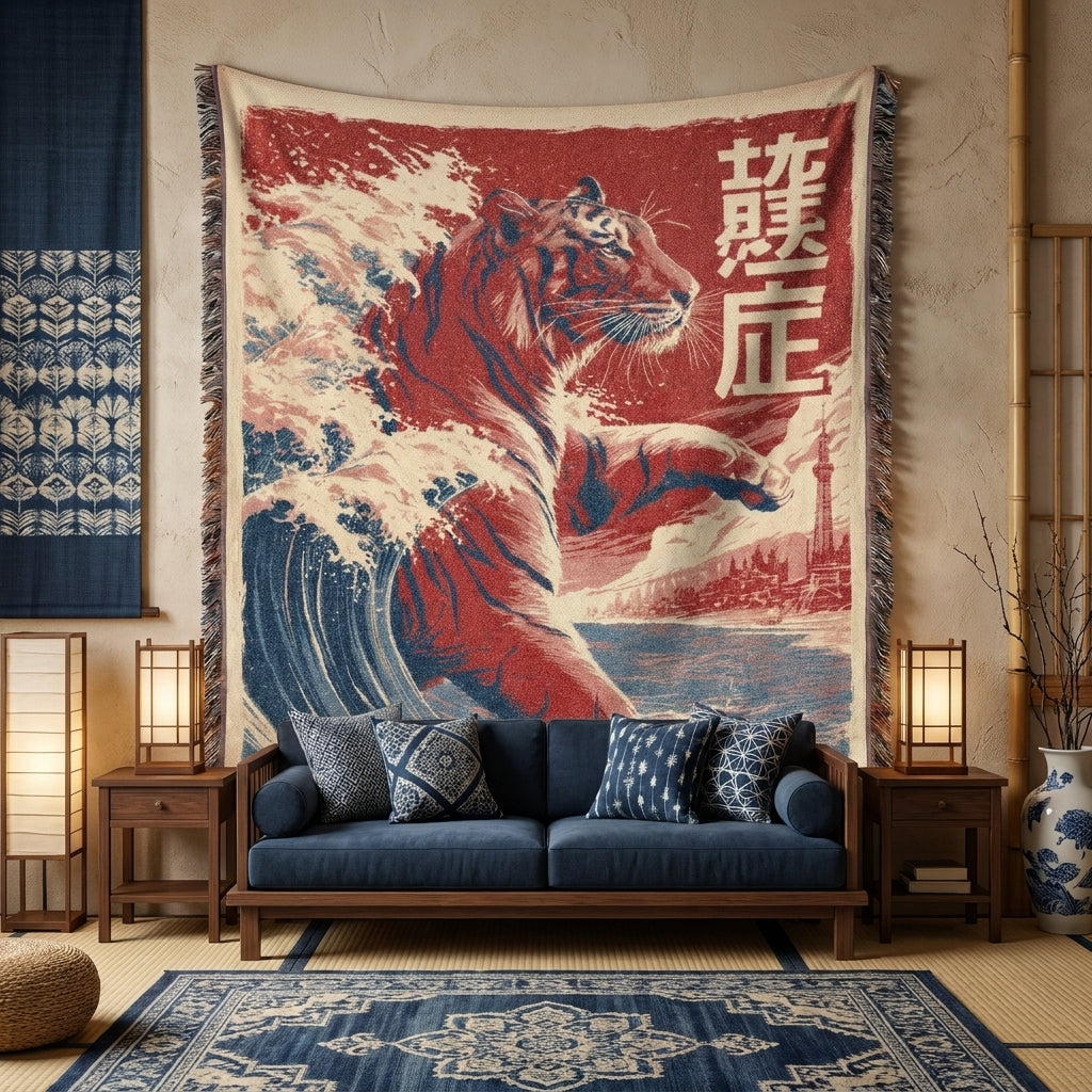 Japanese Tiger Wave Woven Blanket – Asian Art Throw