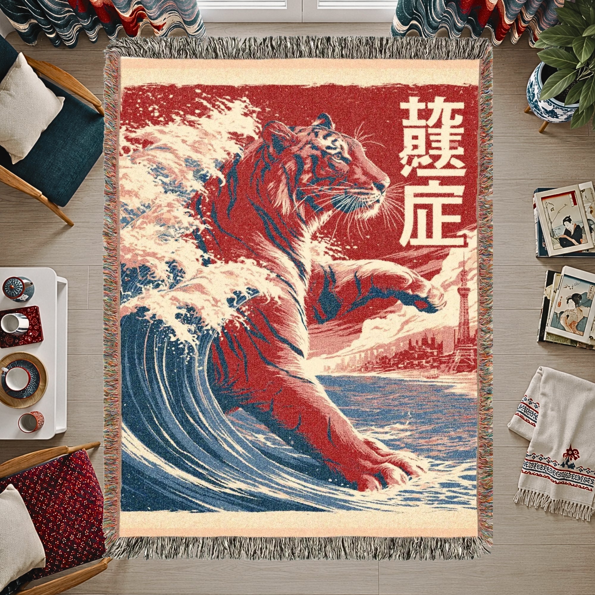 Japanese Tiger Wave Woven Blanket – Asian Art Throw