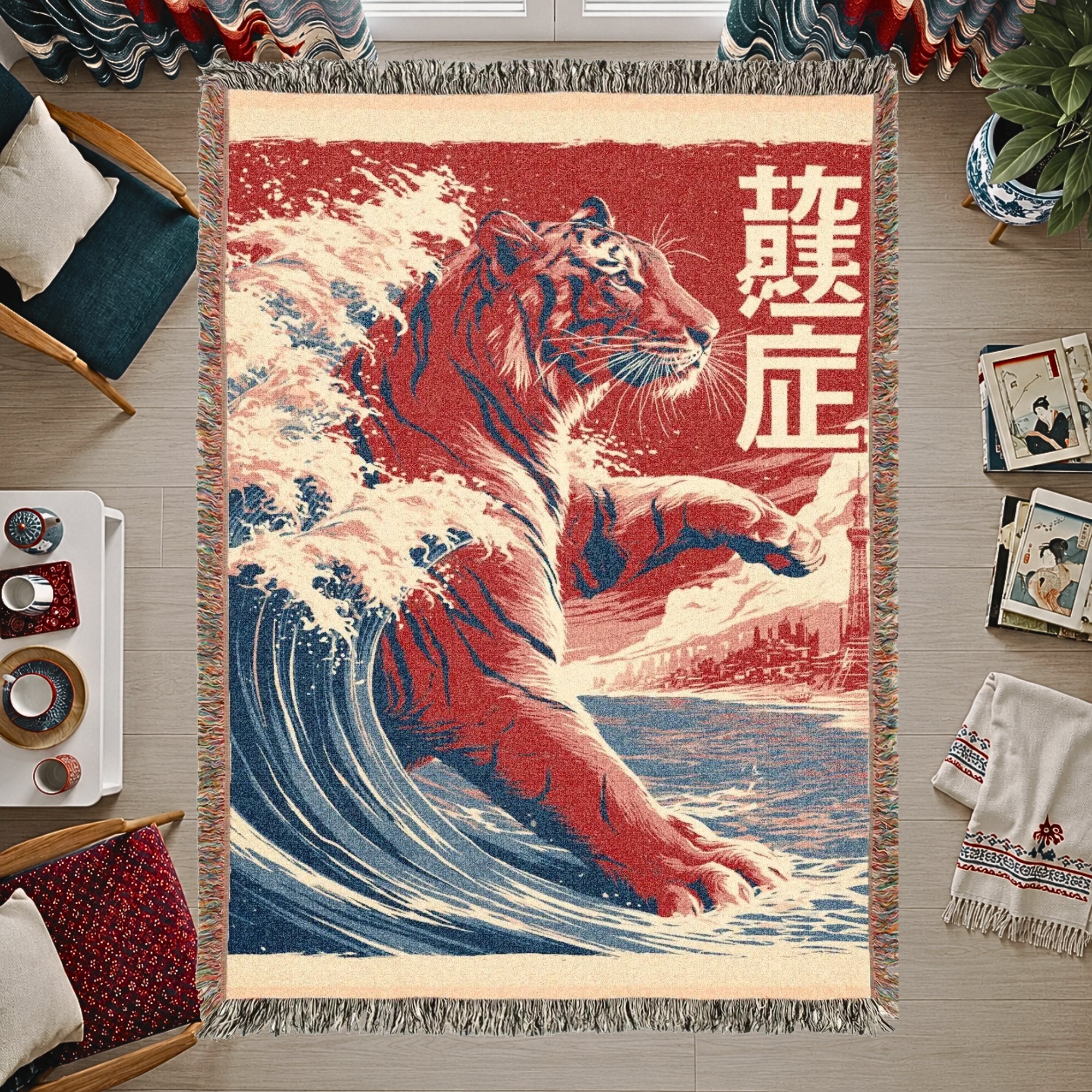 Japanese Tiger Wave Woven Blanket – Asian Art Throw