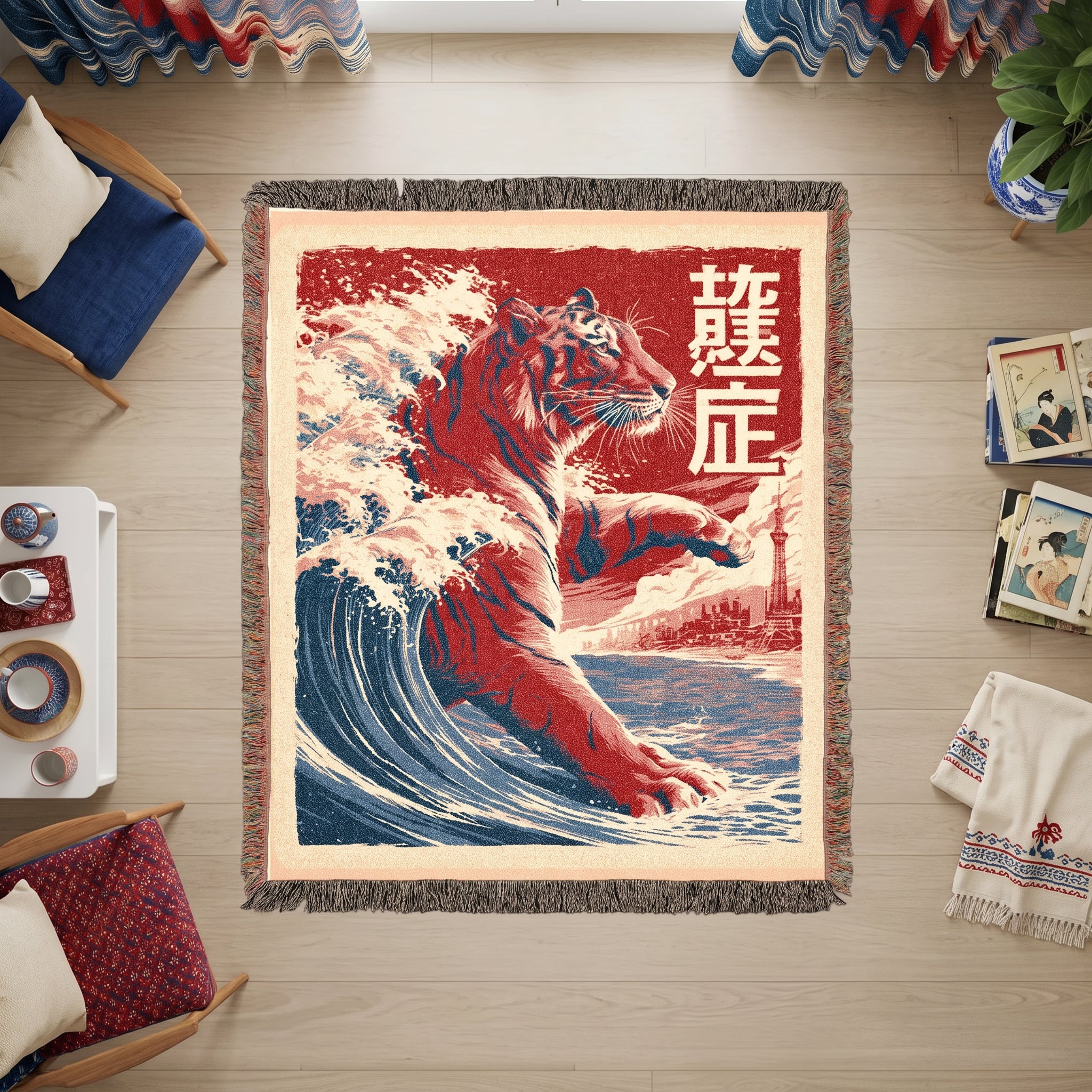 Japanese Tiger Wave Woven Blanket – Asian Art Throw