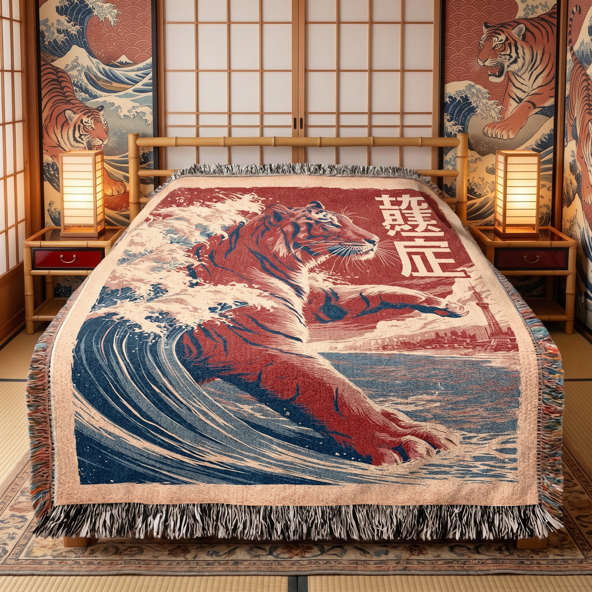 Japanese Tiger Wave Woven Blanket – Asian Art Throw