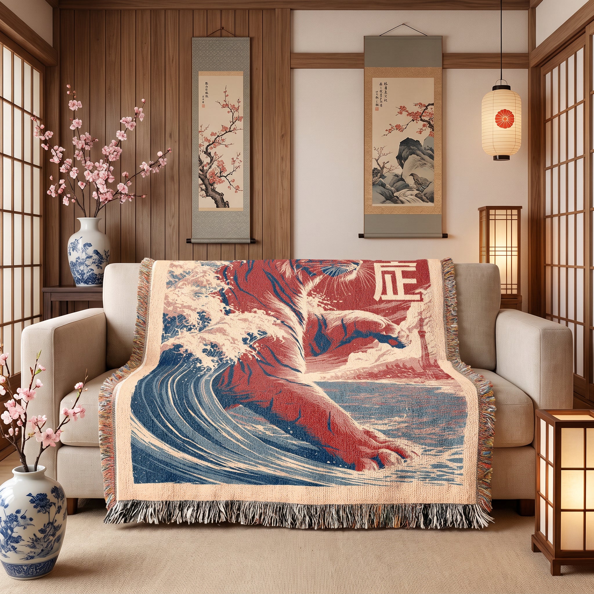 Japanese Tiger Wave Woven Blanket – Asian Art Throw