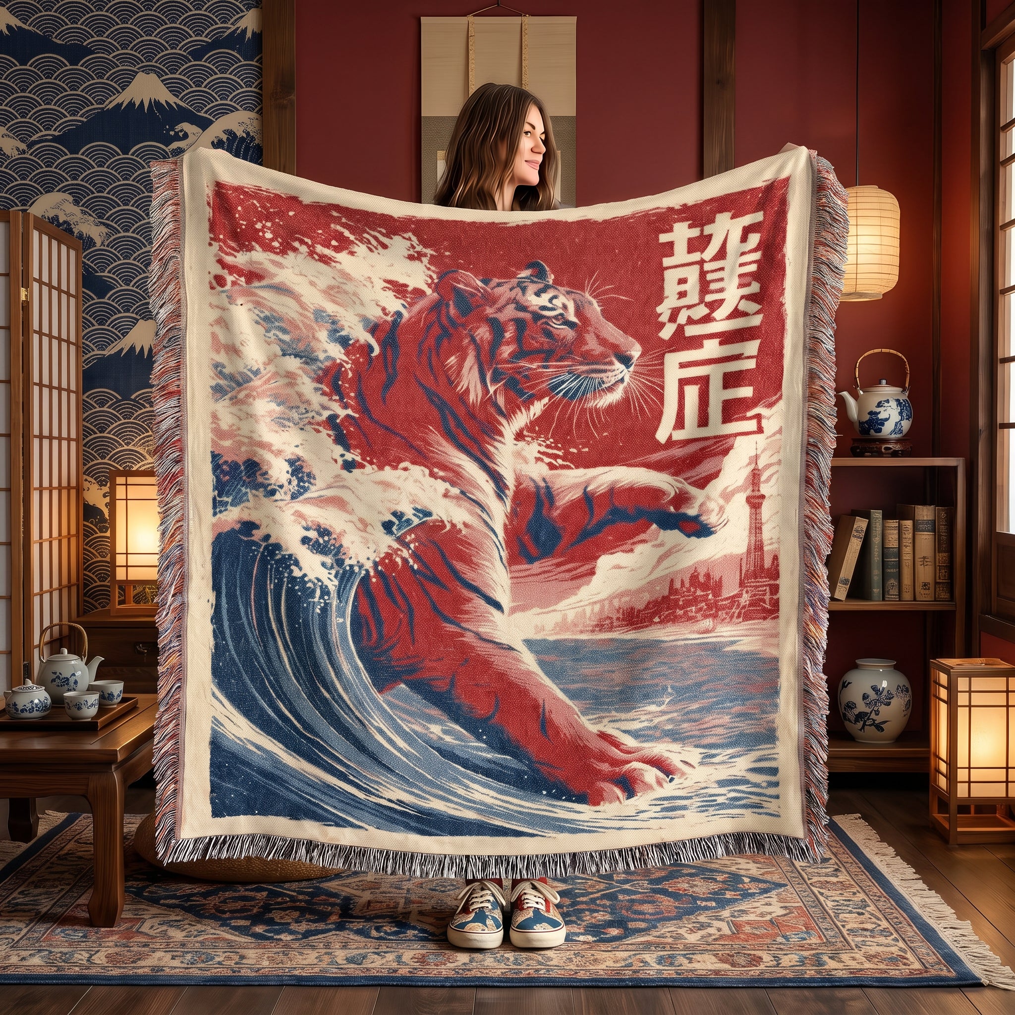 Japanese Tiger Wave Woven Blanket – Asian Art Throw
