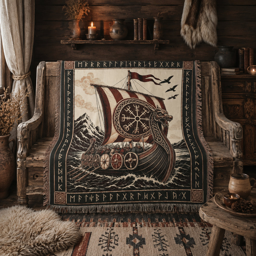 Viking Longship Woven Blanket – Norse Mythology Throw