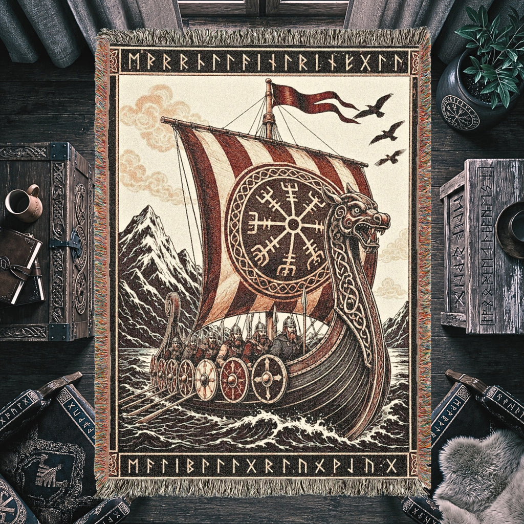 Viking Longship Woven Blanket – Norse Mythology Throw