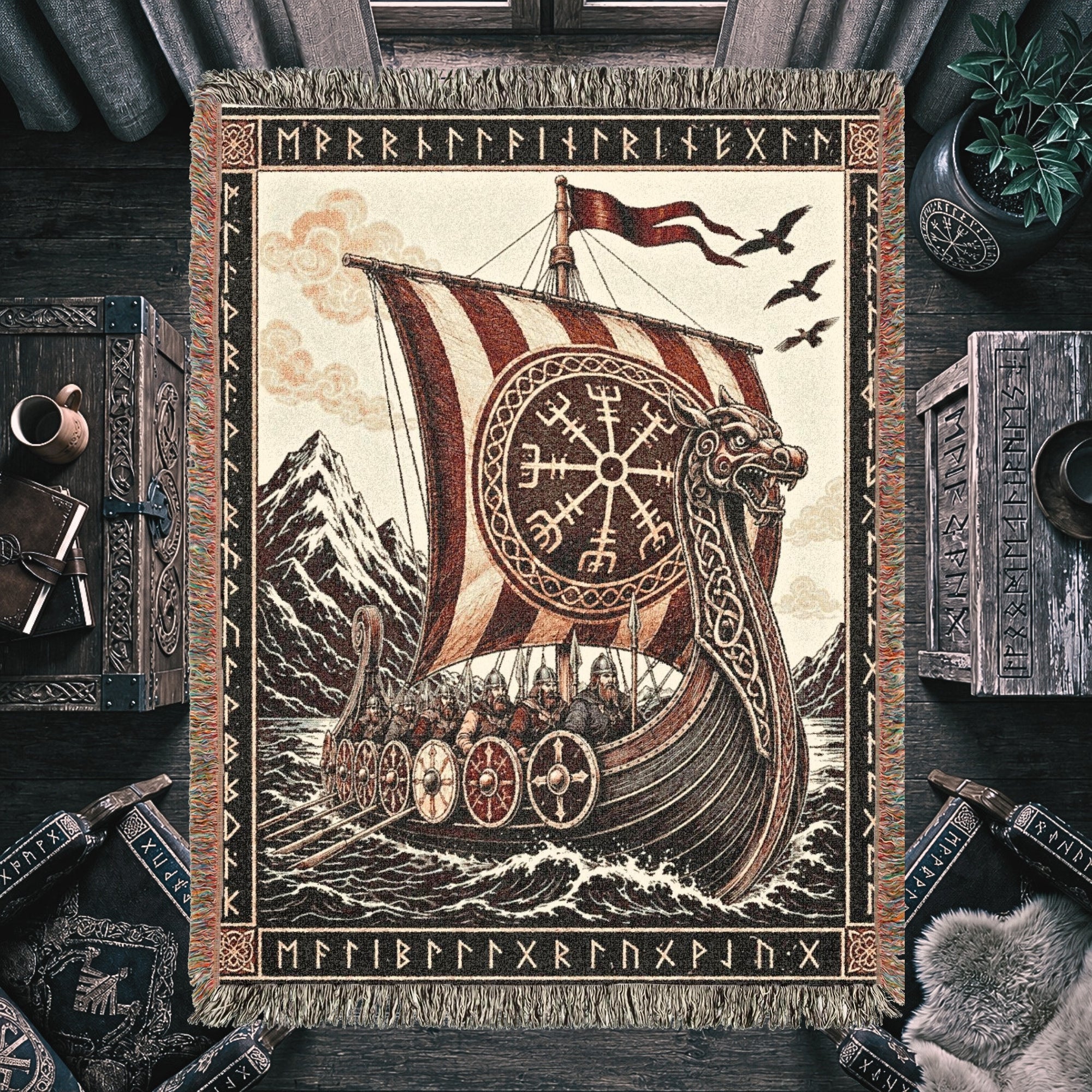 Viking Longship Woven Blanket – Norse Mythology Throw