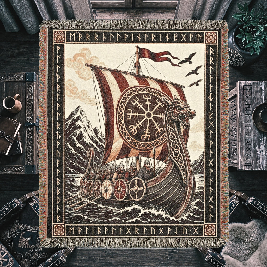 Viking Longship Woven Blanket – Norse Mythology Throw