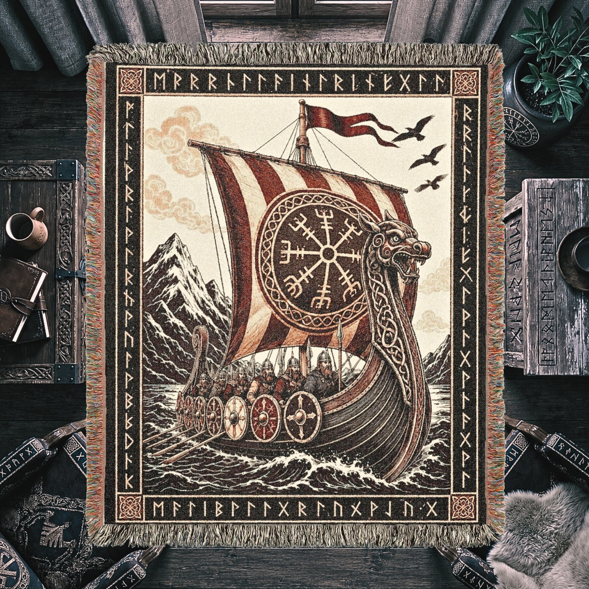 Viking Longship Woven Blanket – Norse Mythology Throw