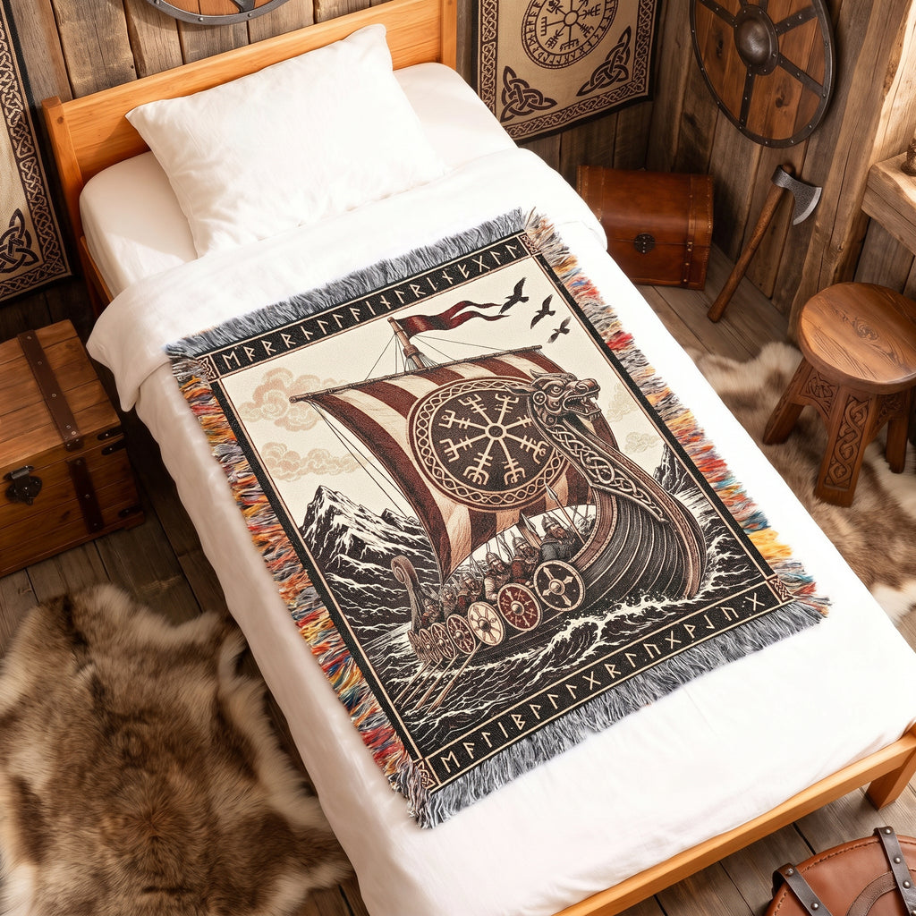 Viking Longship Woven Blanket – Norse Mythology Throw