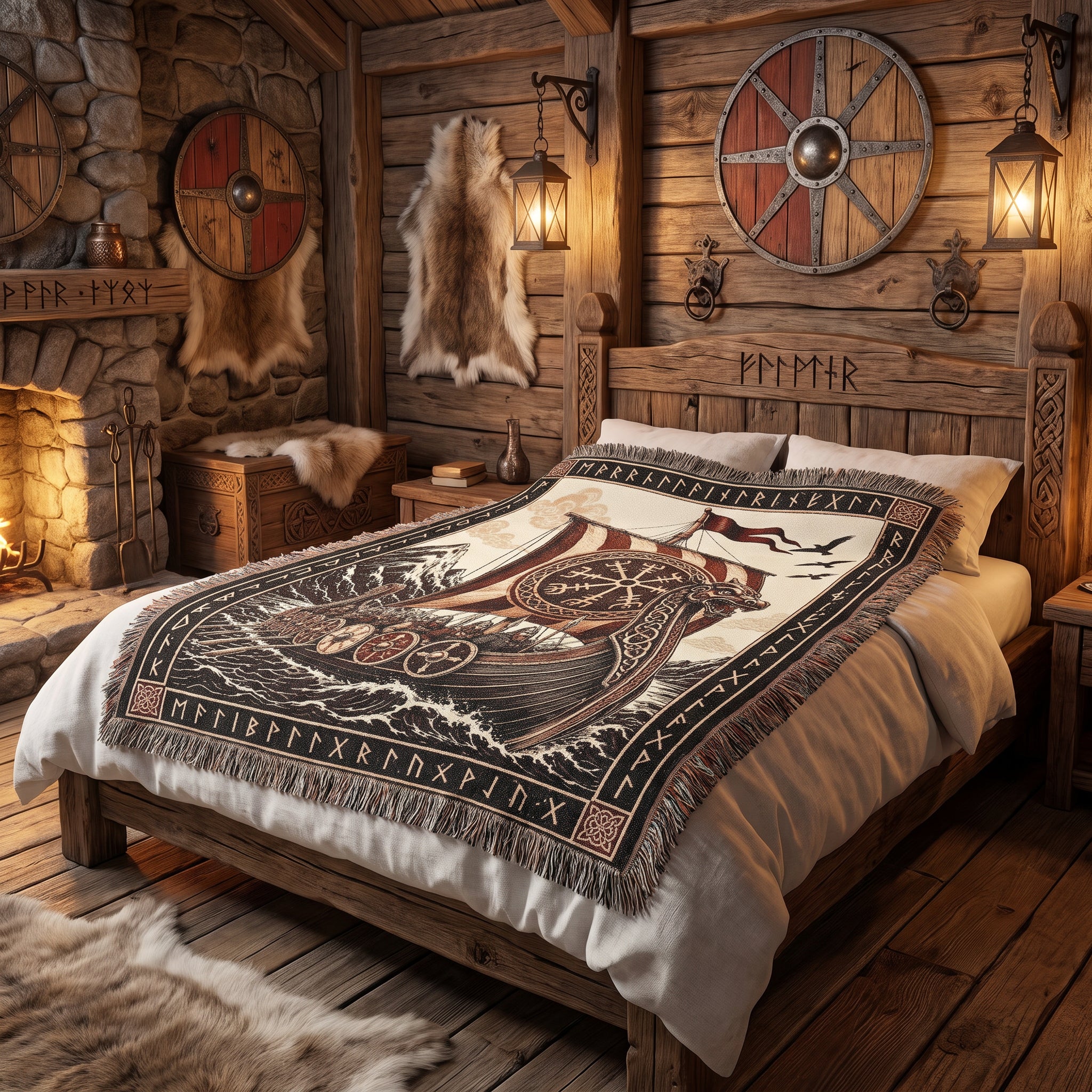 Viking Longship Woven Blanket – Norse Mythology Throw