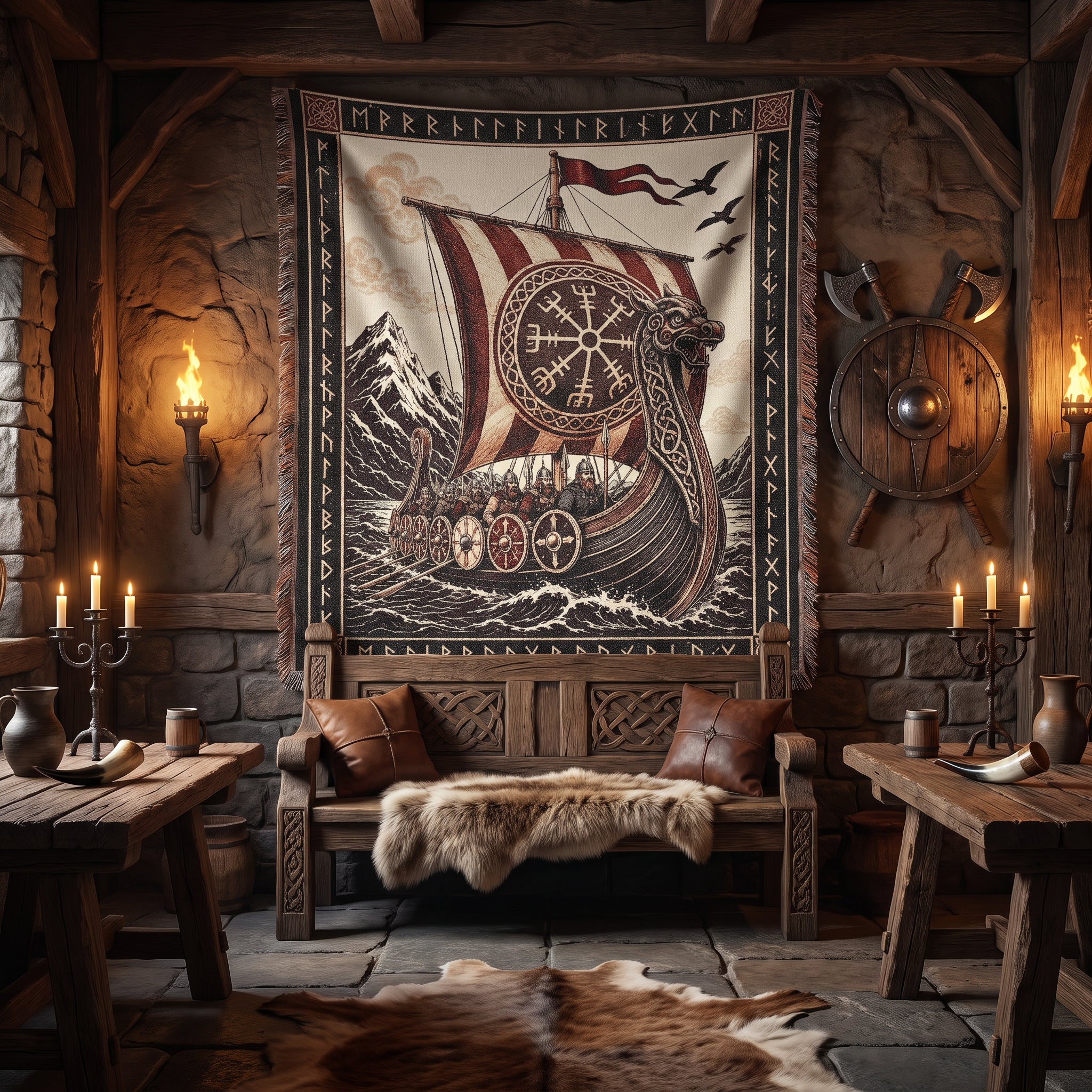Viking Longship Woven Blanket – Norse Mythology Throw