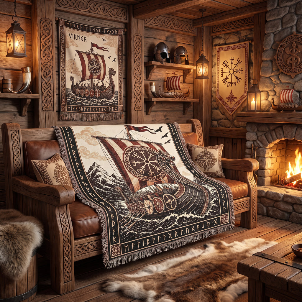 Viking Longship Woven Blanket – Norse Mythology Throw