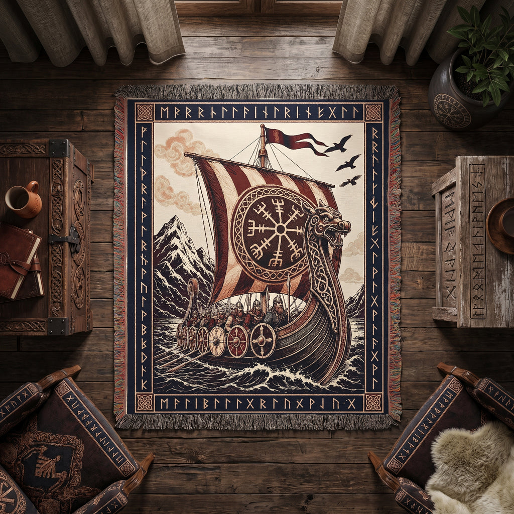 Viking Longship Woven Blanket – Norse Mythology Throw