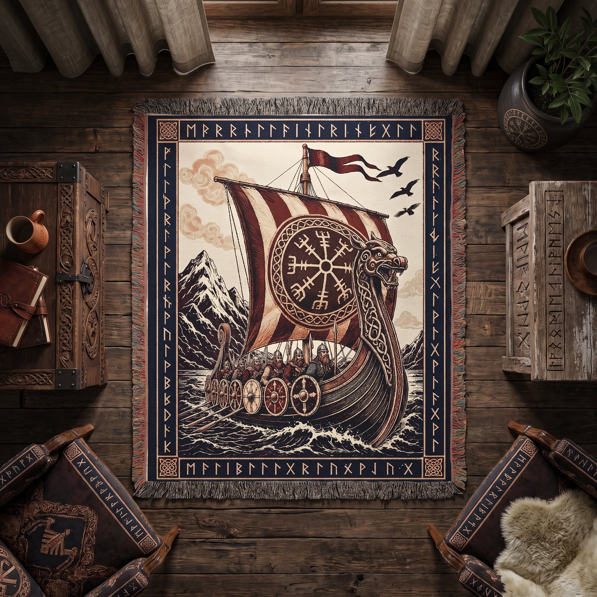 Viking Longship Woven Blanket – Norse Mythology Throw