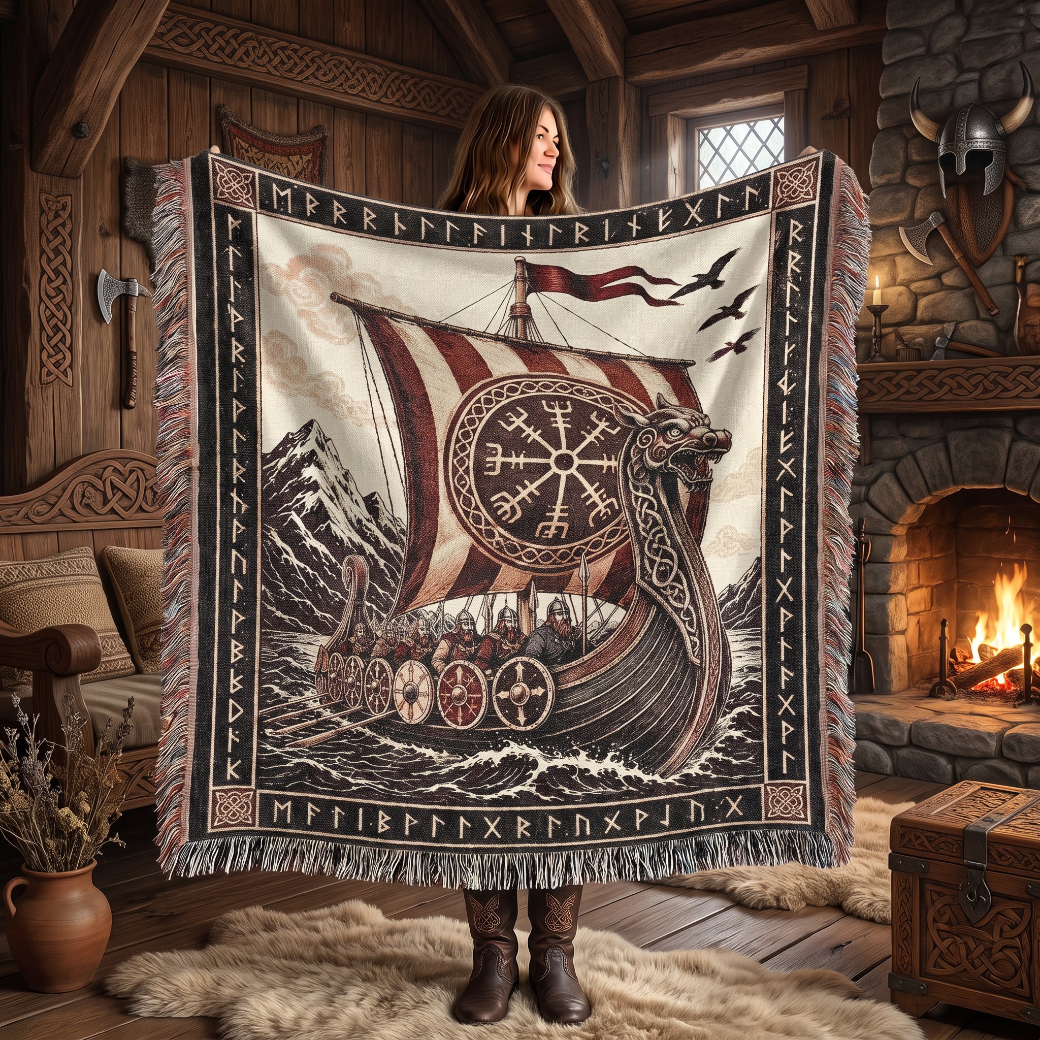 Viking Longship Woven Blanket – Norse Mythology Throw