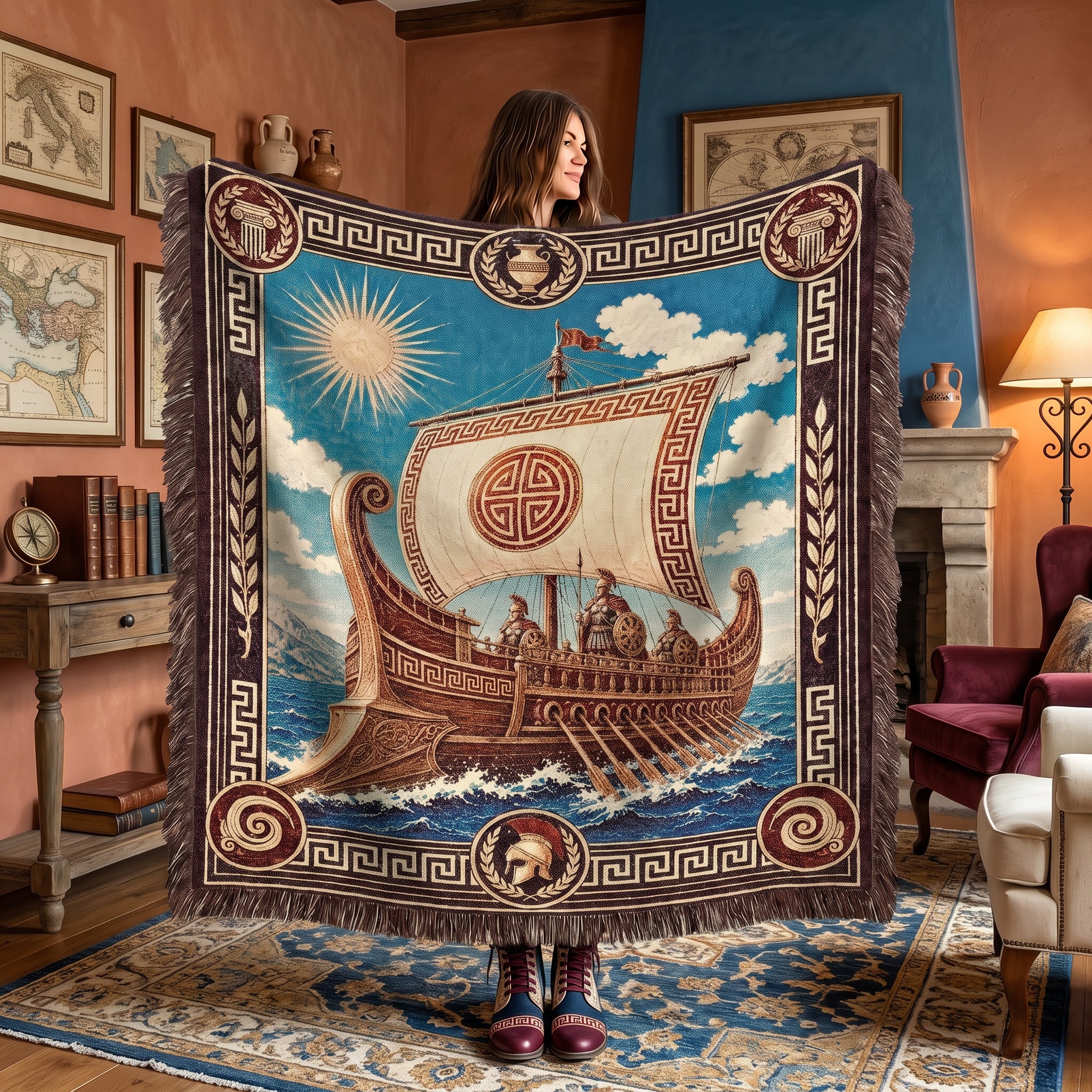 Greek Trireme Woven Blanket – Ancient Mythology Throw