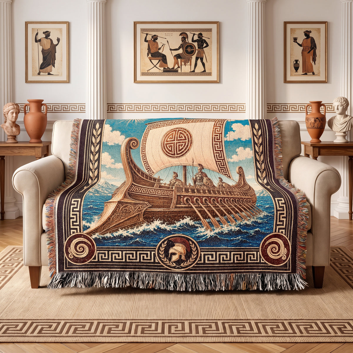 Greek Trireme Woven Blanket – Ancient Mythology Throw