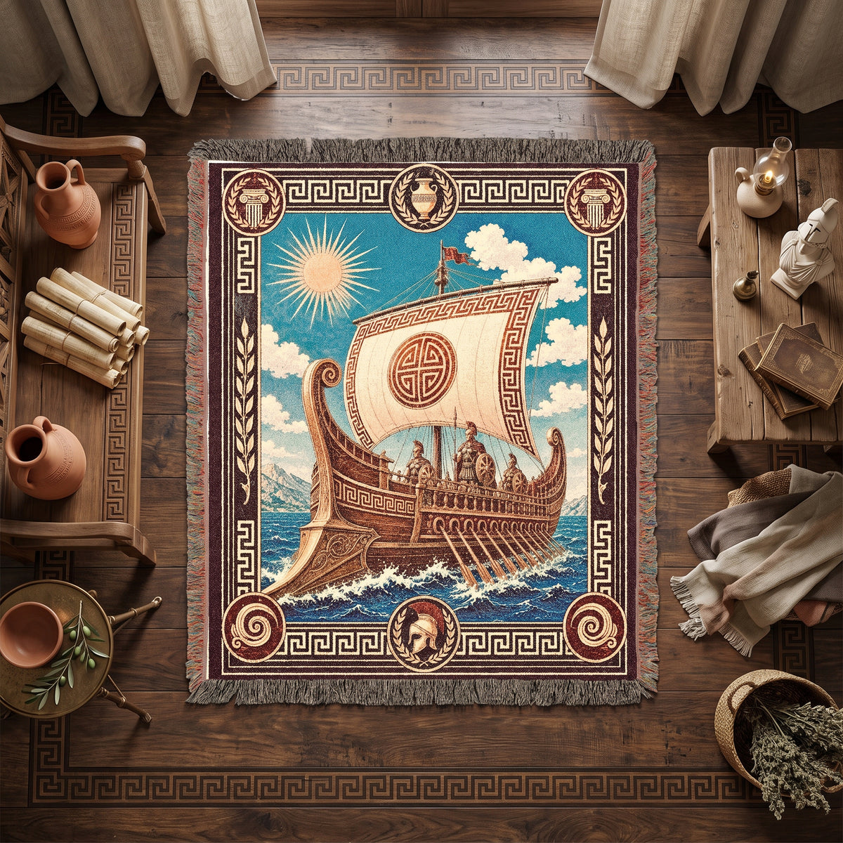 Greek Trireme Woven Blanket – Ancient Mythology Throw