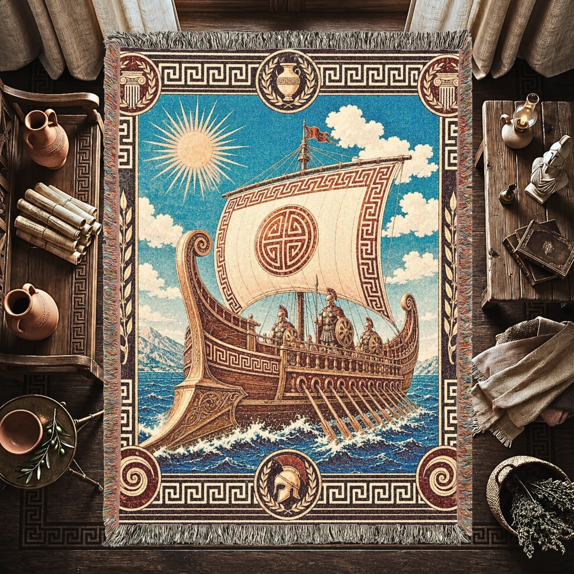 Greek Trireme Woven Blanket – Ancient Mythology Throw