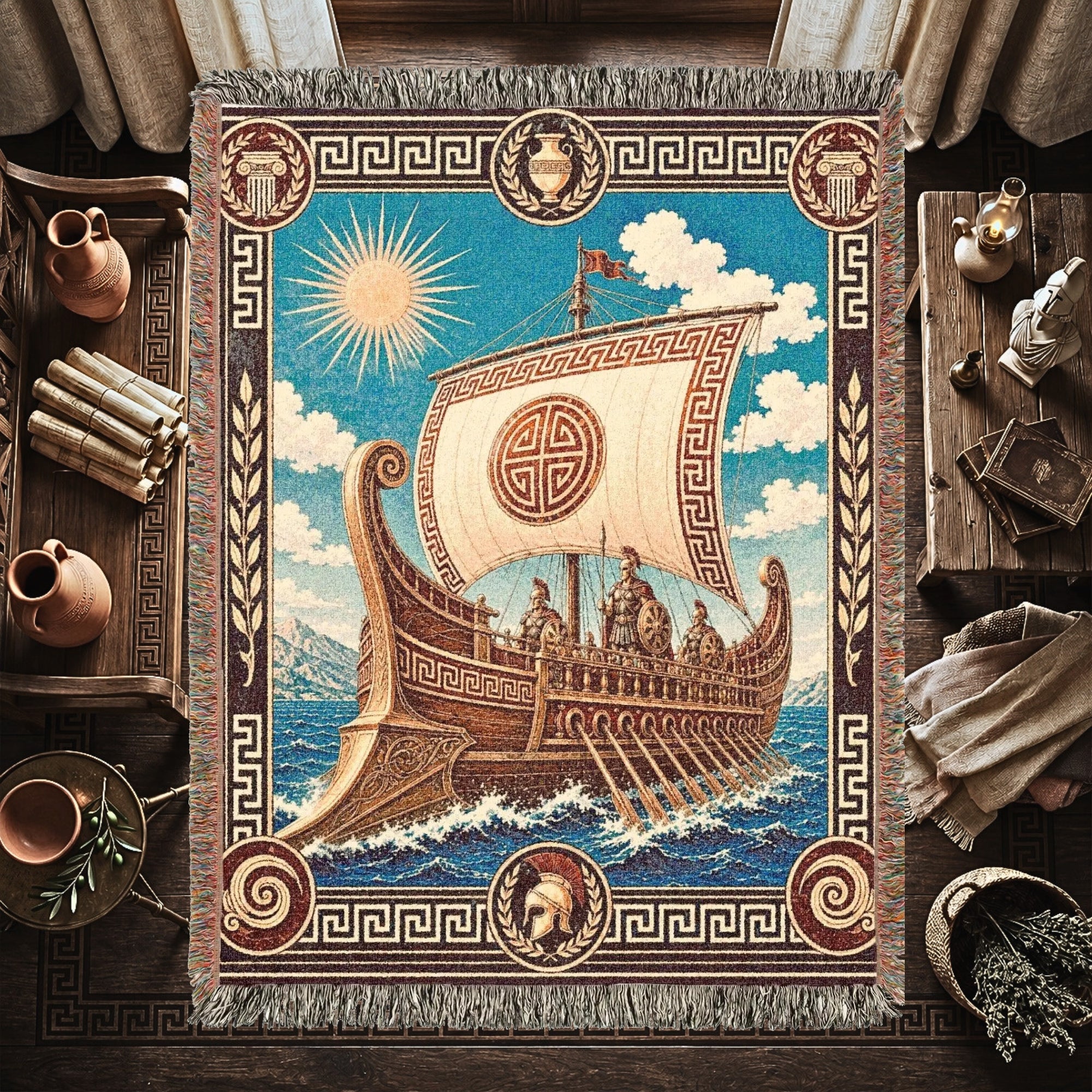 Greek Trireme Woven Blanket – Ancient Mythology Throw