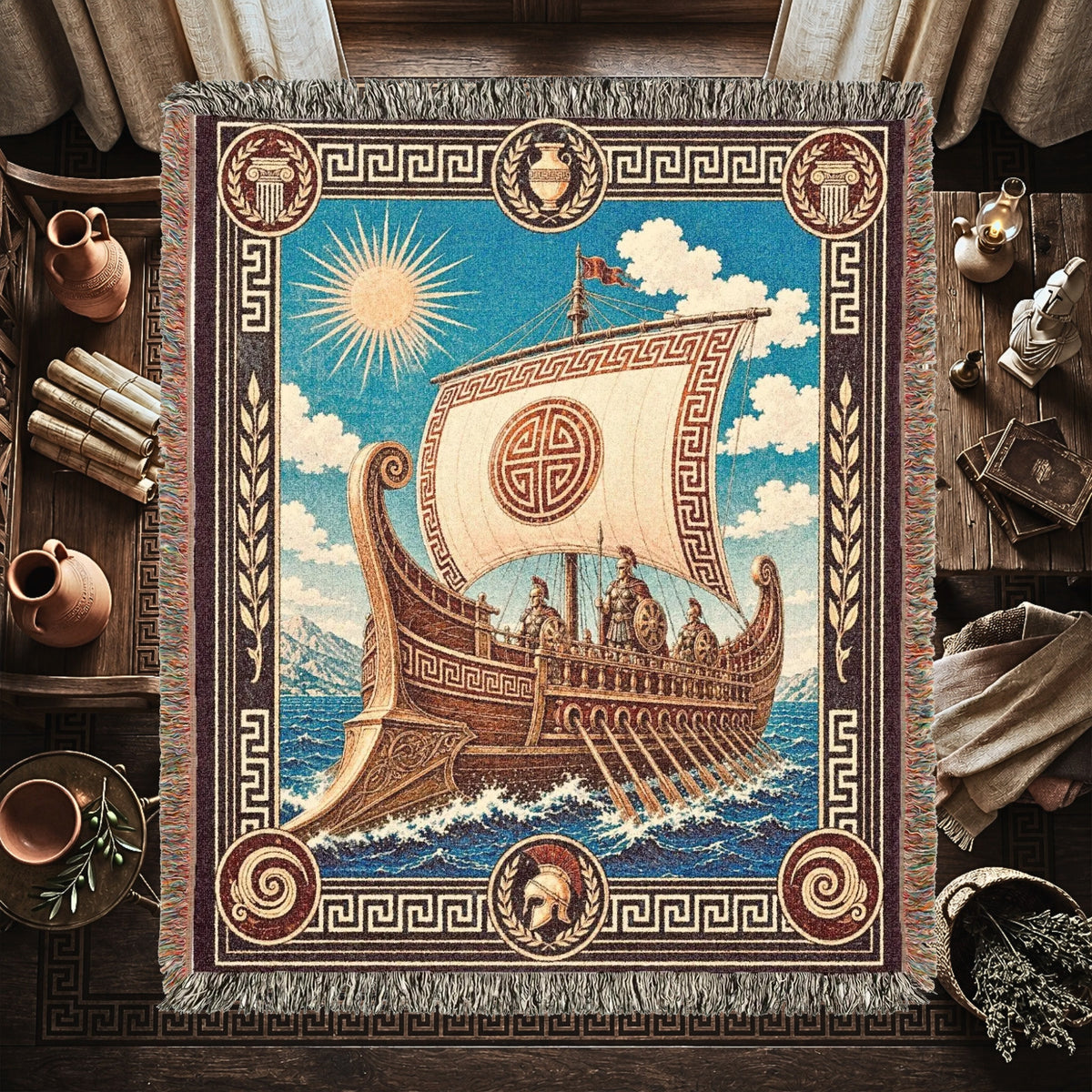 Greek Trireme Woven Blanket – Ancient Mythology Throw