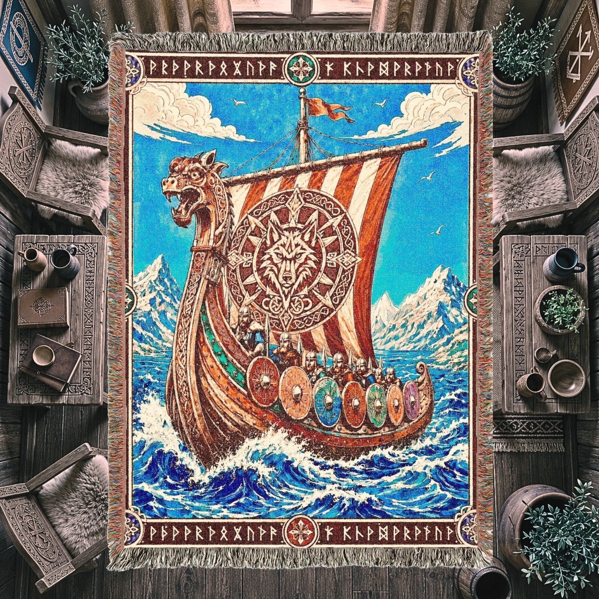 Viking Dragon Ship Woven Blanket – Norse Ocean Throw